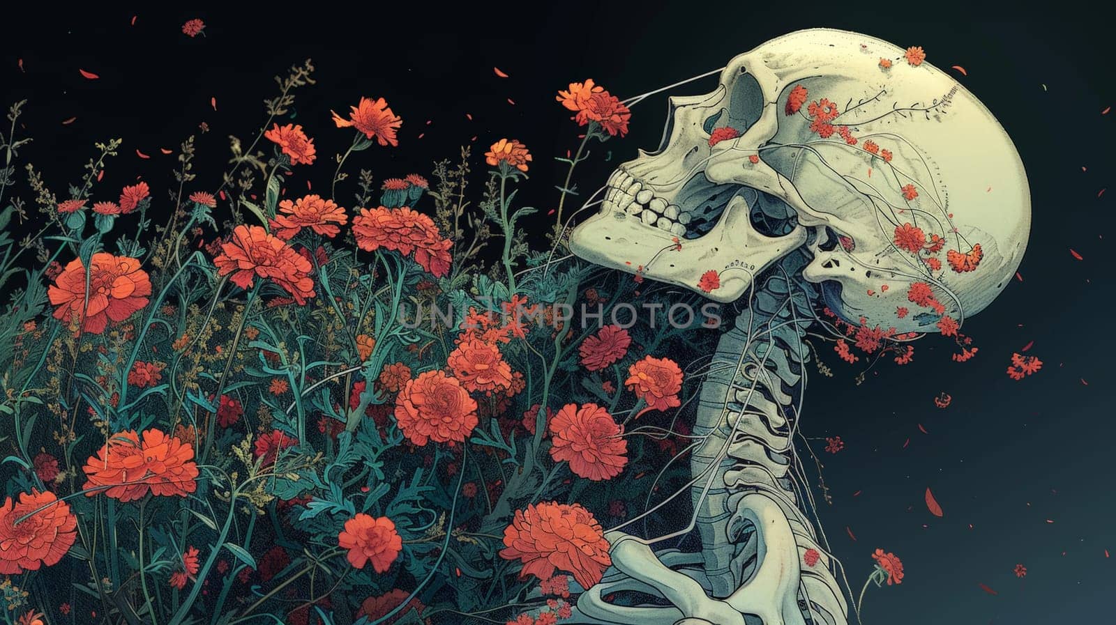 A skeleton with flowers, his head is covered with colorful wildflowers.