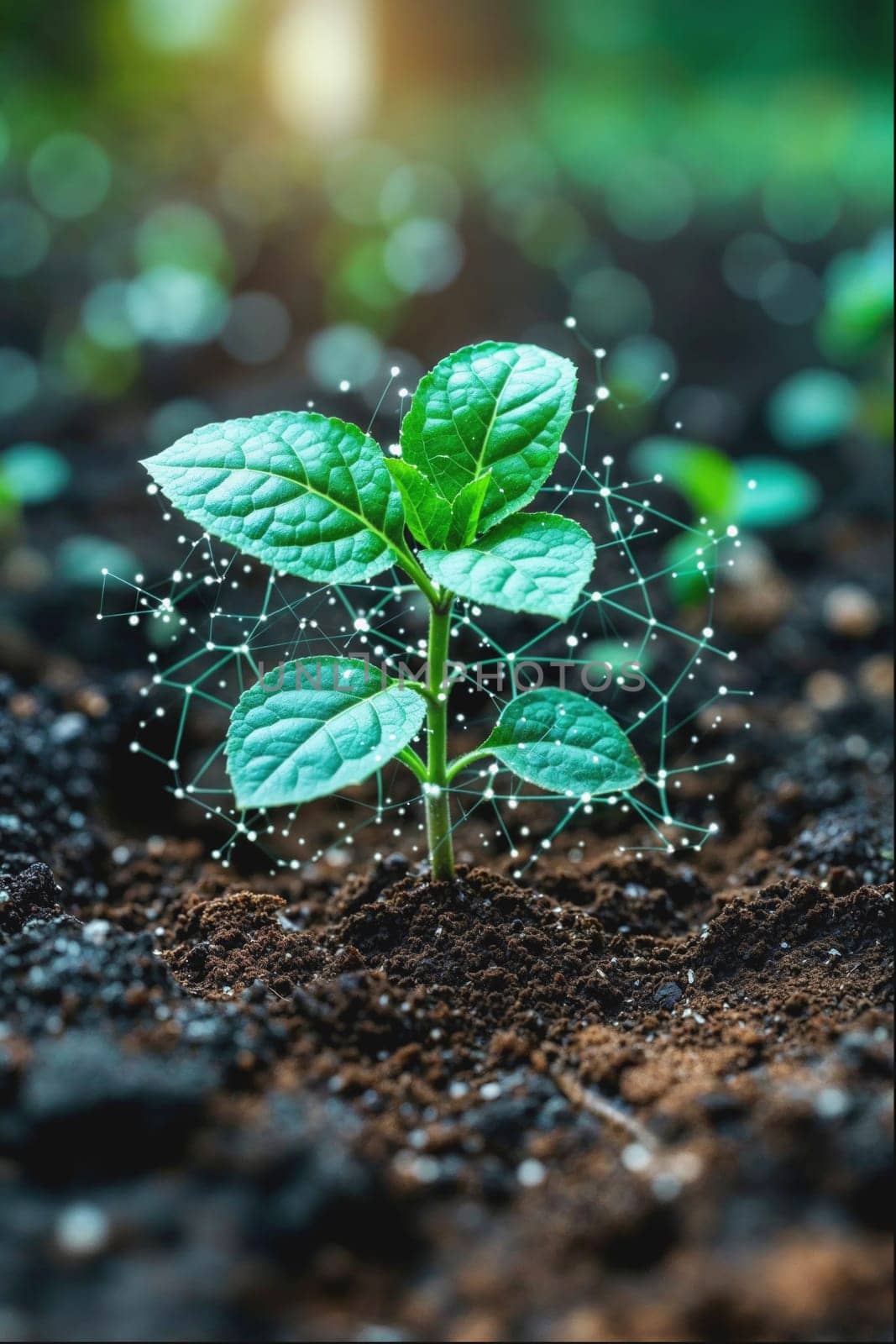 Young plant integrates tech and nature with digital nodes in soil
