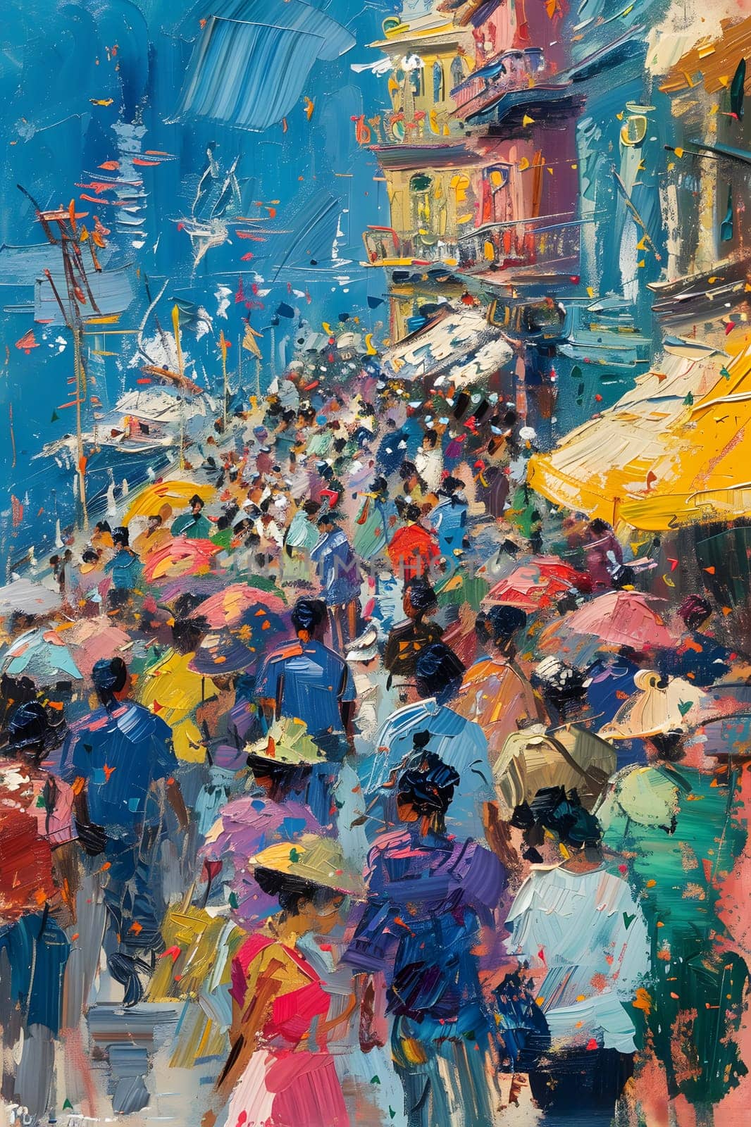 A painting capturing a lively crowd of fans strolling down a busy street, immersed in the beauty of the world around them, enjoying the leisurely event with fun and excitement