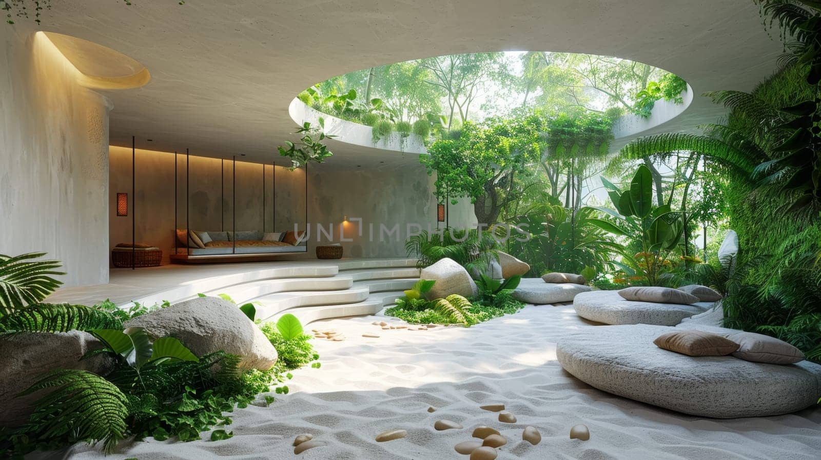 A modern interior in a house in nature. Environmental design.