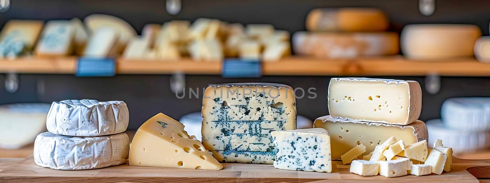 Assortment of various artisan cheeses on a wooden board. Shelves with ready-made cheeses in the background. Small business, home cheese factory. Banner.