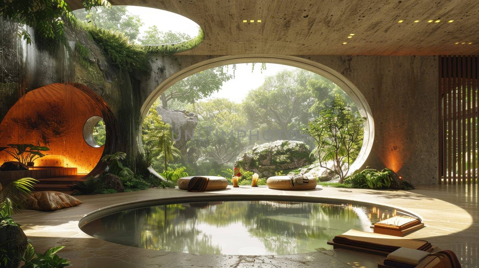 A modern interior in a house in nature. Environmental design.