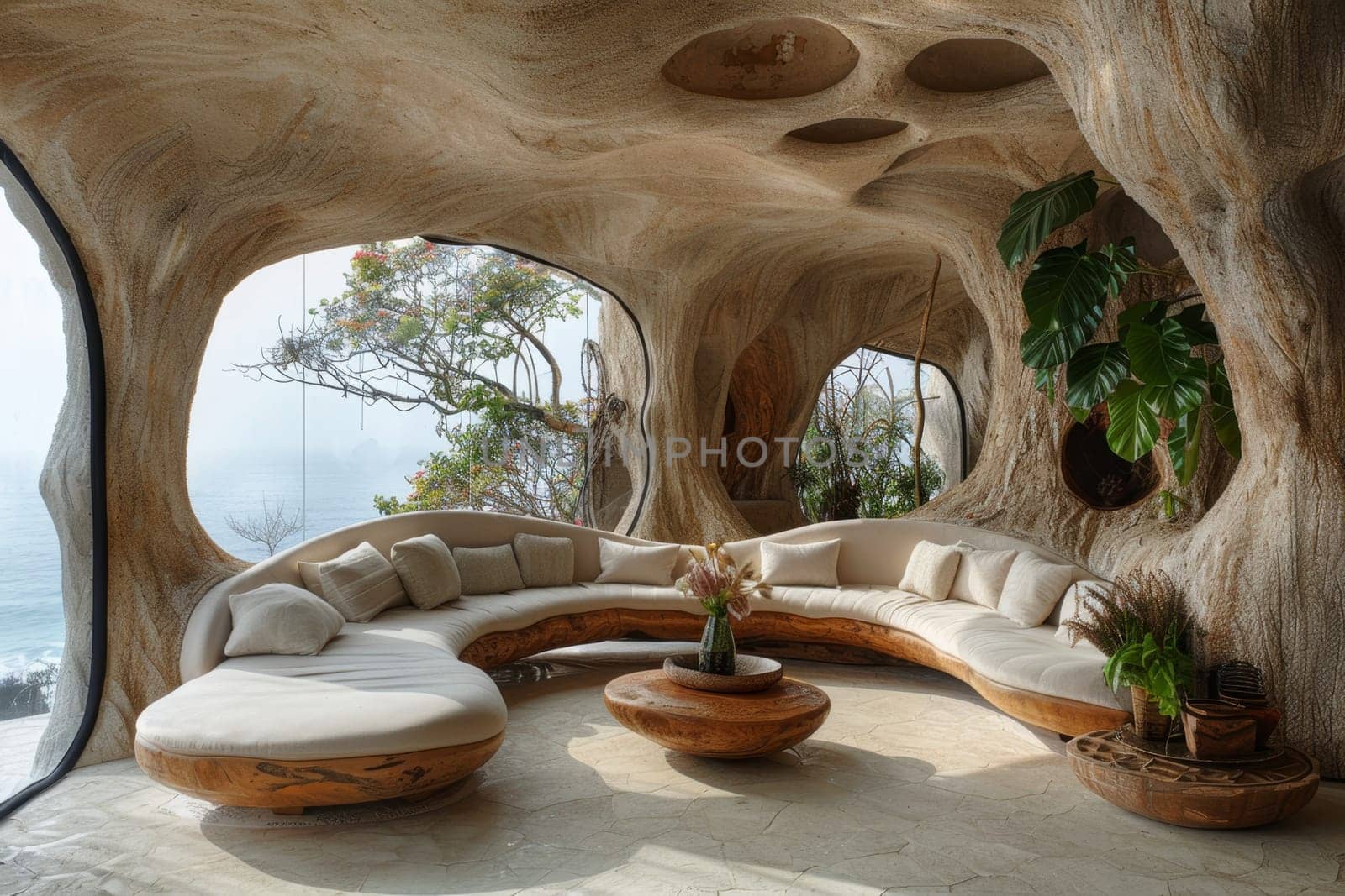 A modern interior in a house in nature. Environmental design.