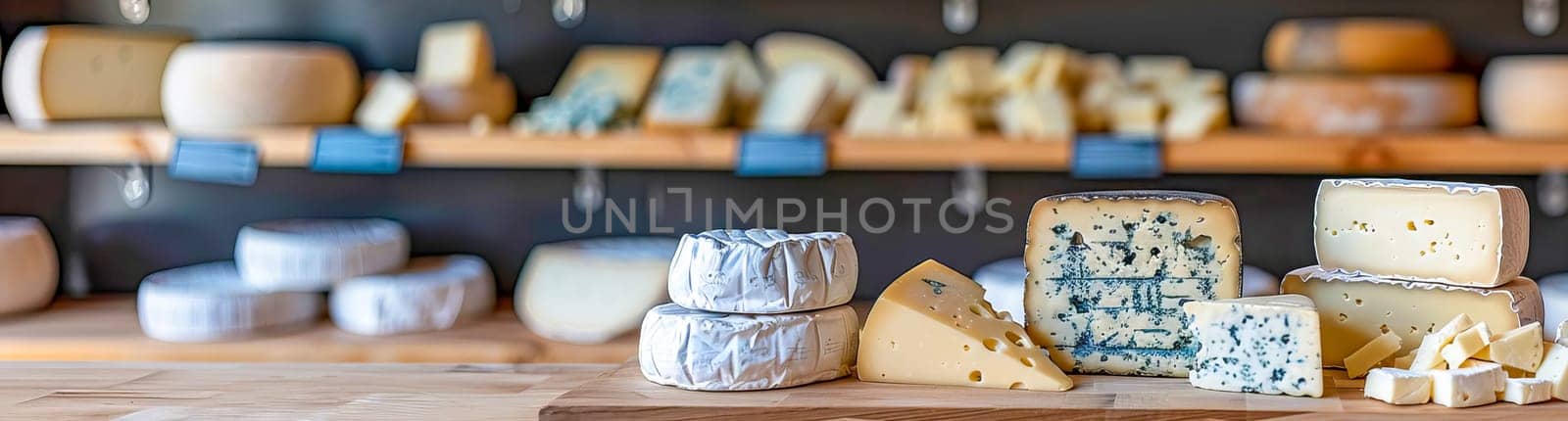 Assortment of various artisan cheeses on a wooden board. Shelves with ready-made cheeses in the background. Small business, home cheese factory. Banner.
