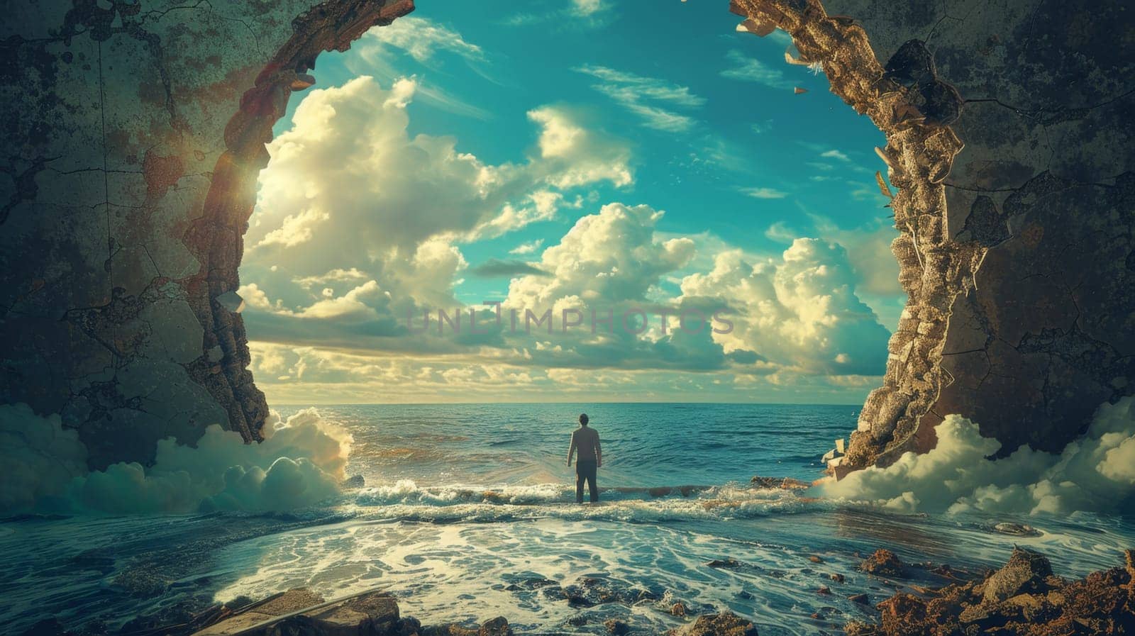 A man on the background of the ocean and the sky. A window into the journey by Lobachad