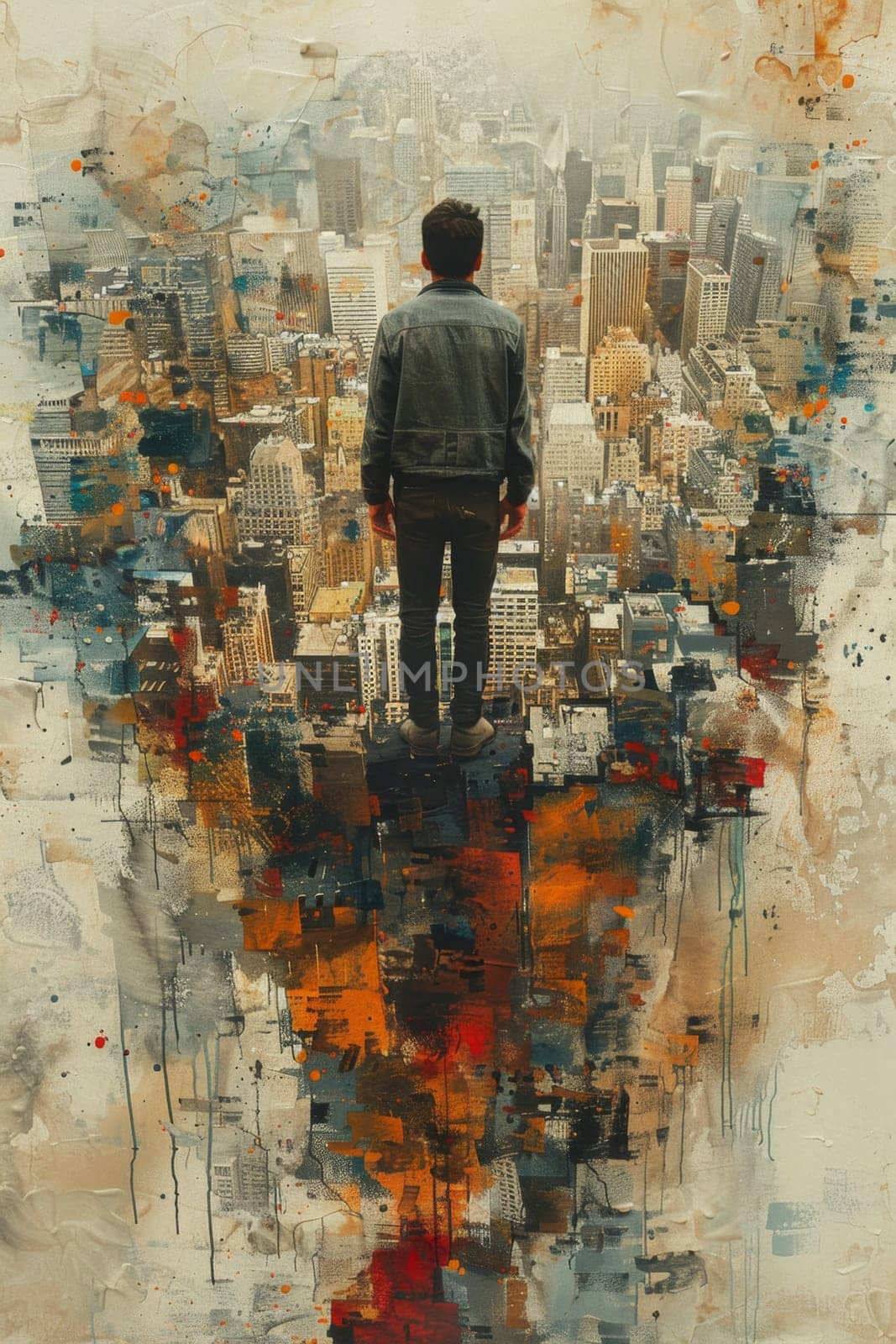 A man with his back against the background of an abstract city. Illustration by Lobachad