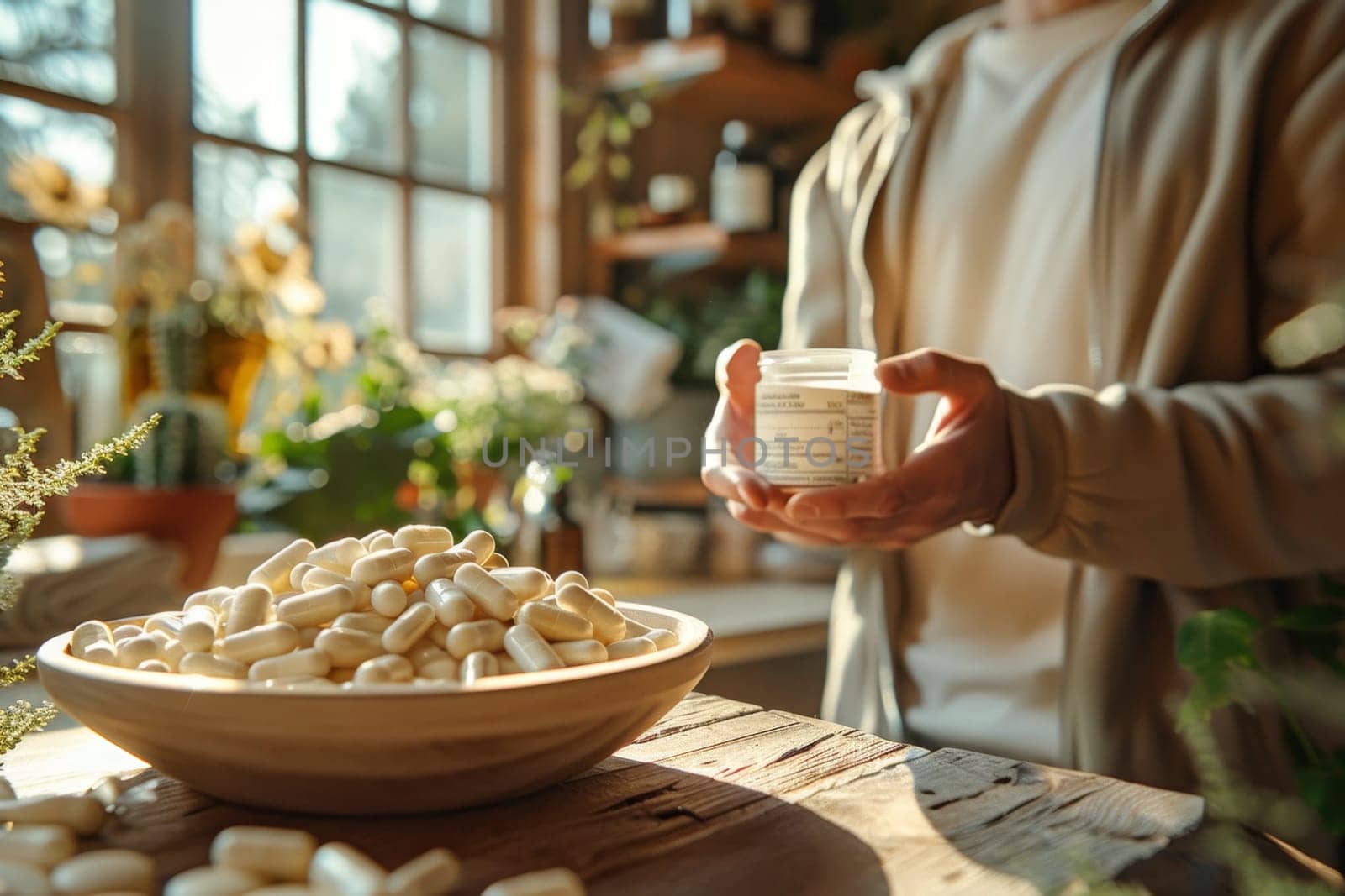 A man is sitting at a table in a home interior. Next to the man there are different vitamins in jars on the table.