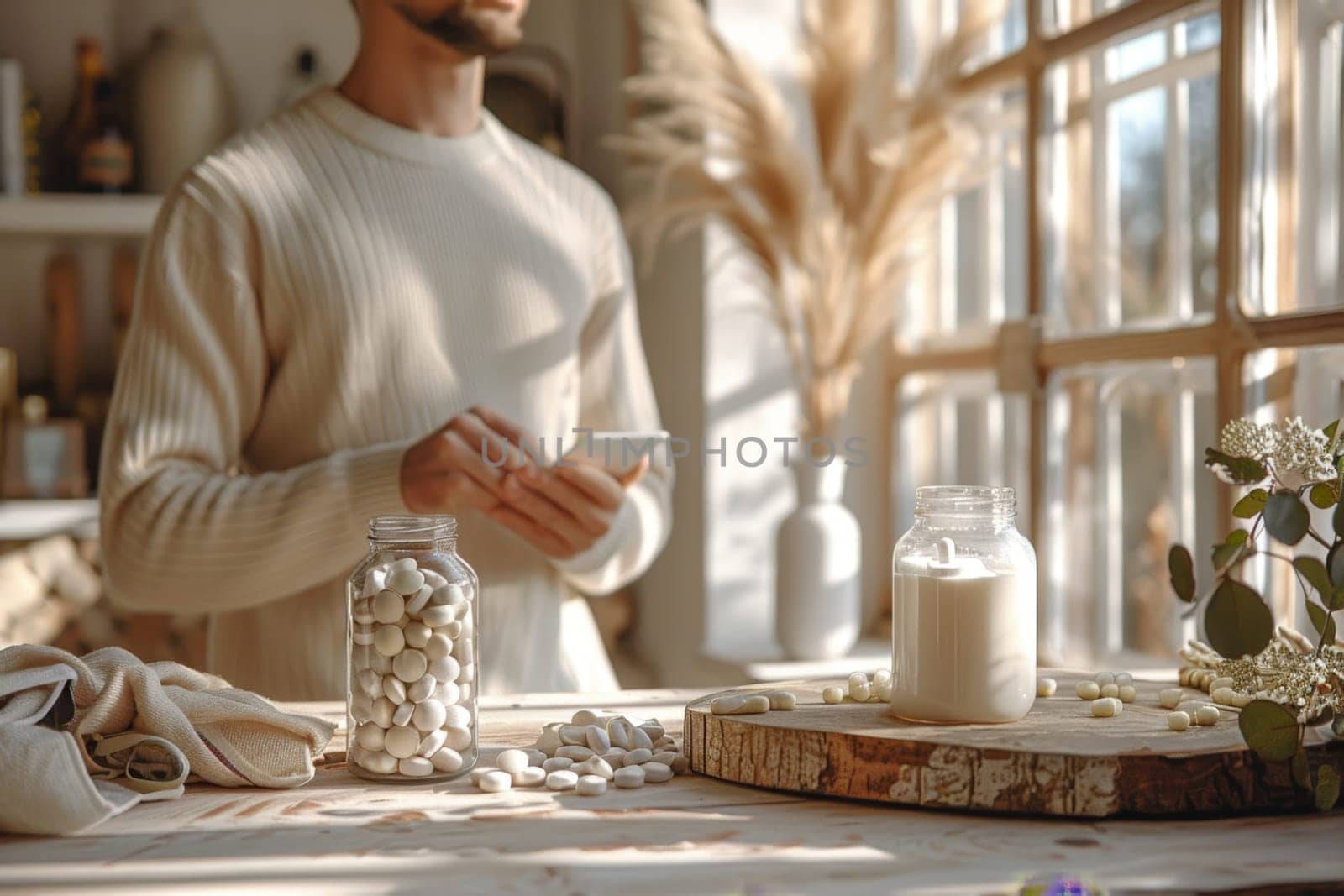 A man is sitting at a table in a home interior. Next to the man there are different vitamins in jars on the table.