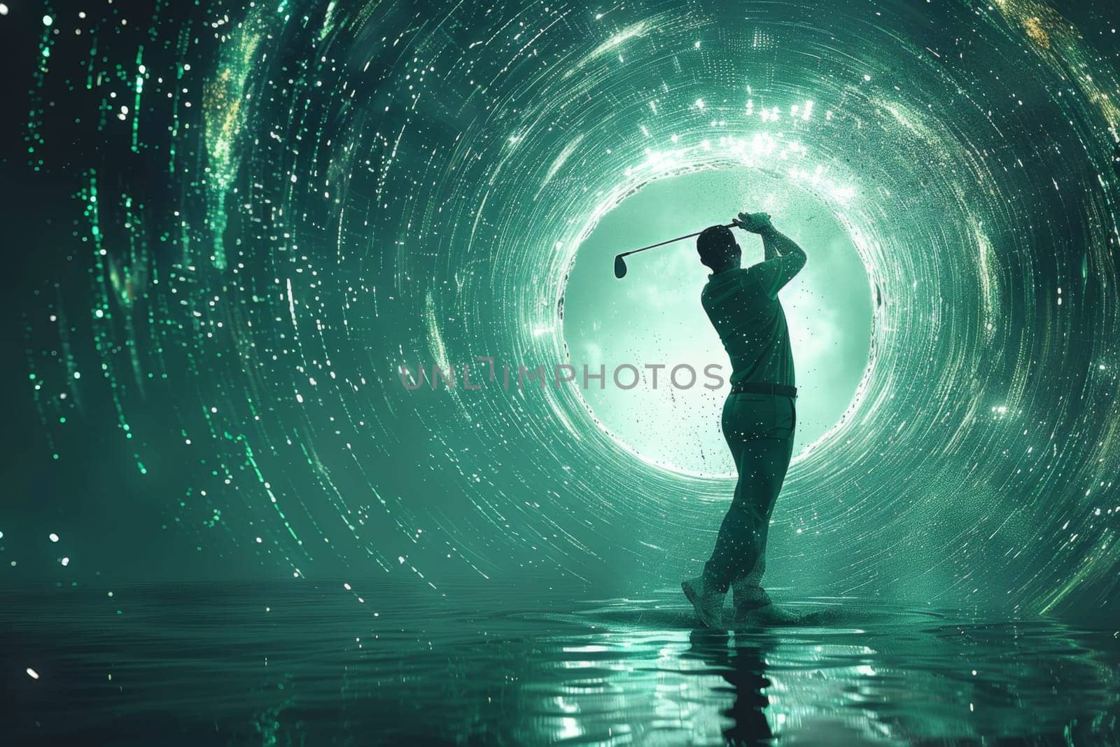A golfer hits a ball on an abstract background. the concept of a healthy sports lifestyle on vacation by Lobachad