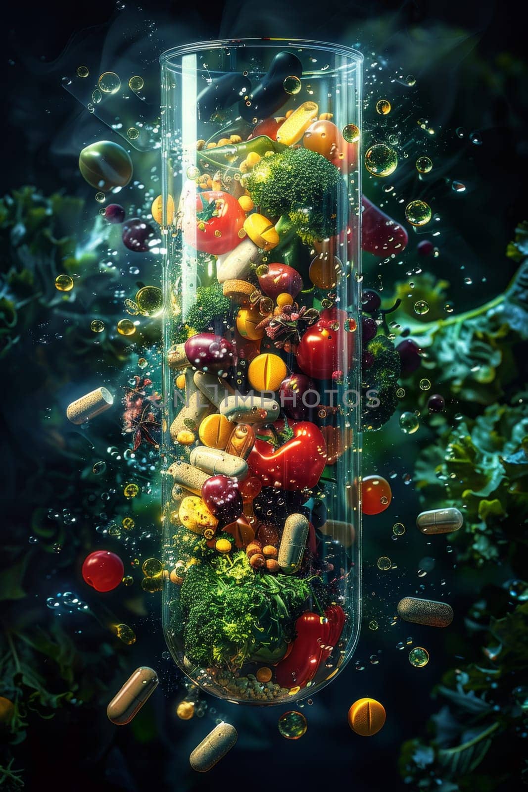 Dietary supplements in the form of a vitamin capsule with fruits and vegetables inside.