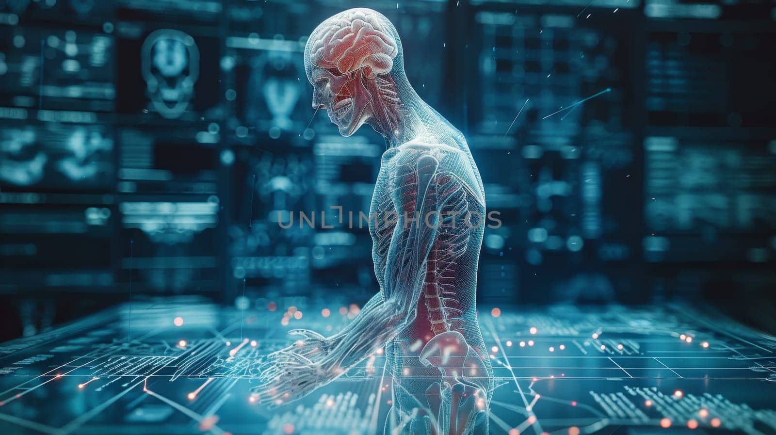 The skeletal structure of the Human body stands in front of a digital display, examining the contents on the screen by Lobachad