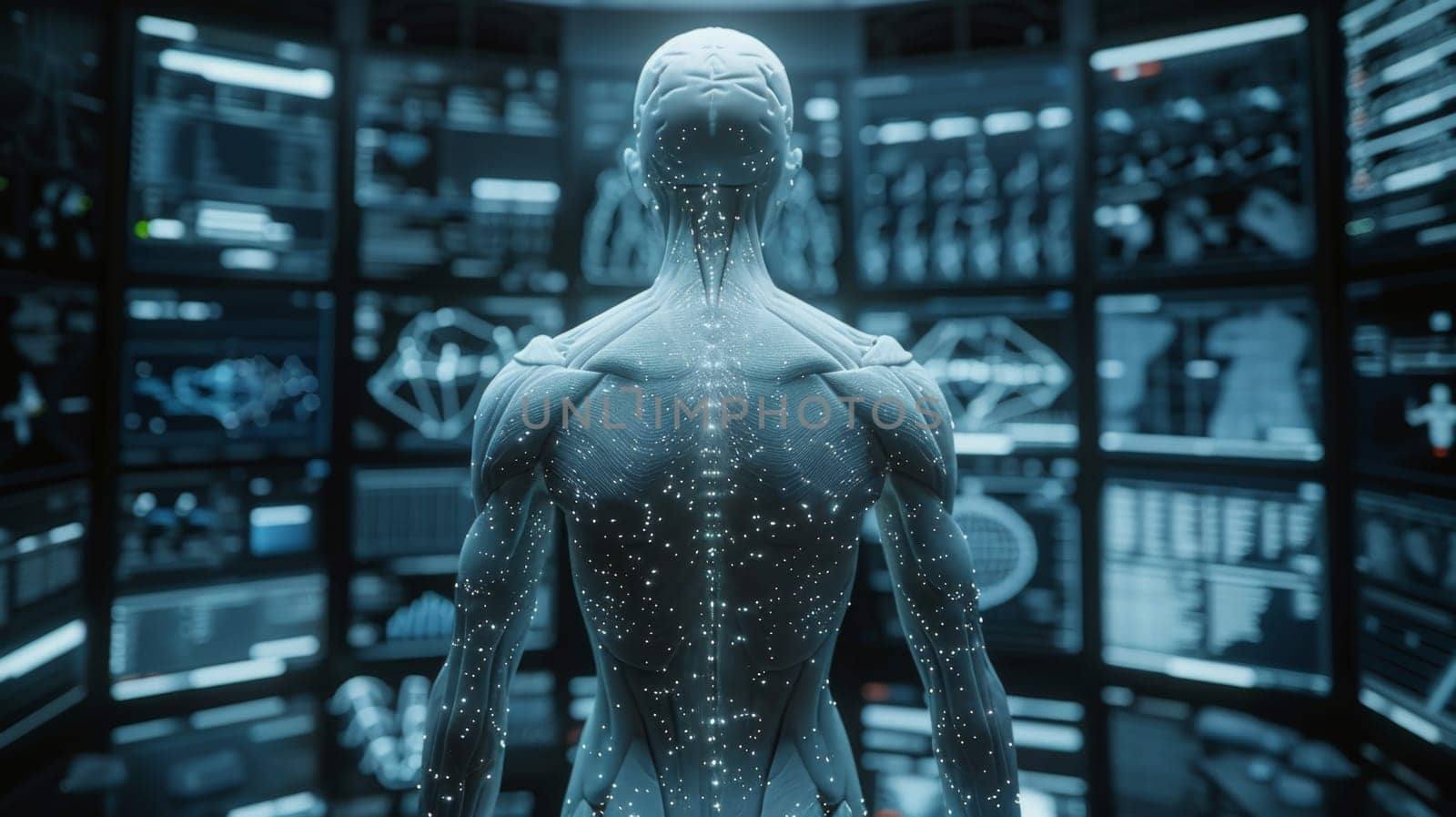 The skeletal structure of the Human body stands in front of a digital display, examining the contents on the screen by Lobachad