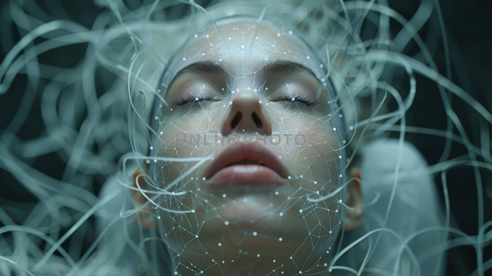 Close-up of the girl's face and the neural network. Women's Mental Health and Meditation by Lobachad