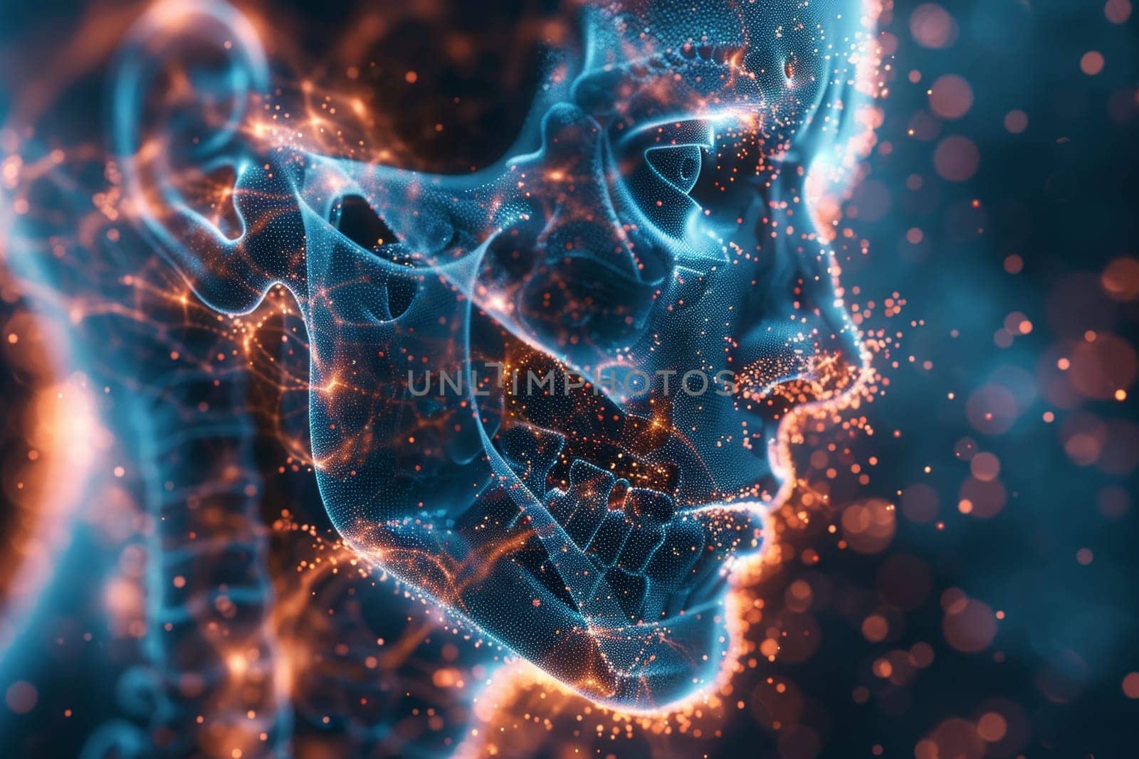 A spiral of a blue DNA double helix and a girl's face on a blue background. 3d illustration.