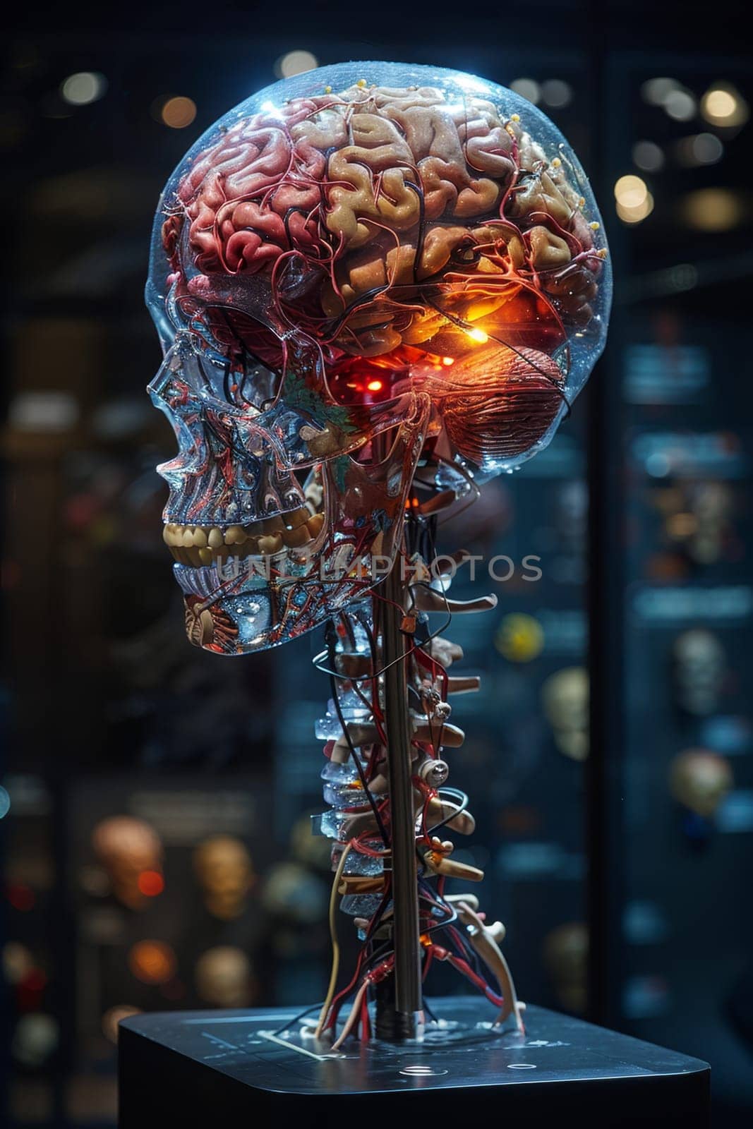 A glass transparent human skull with a brain inside.