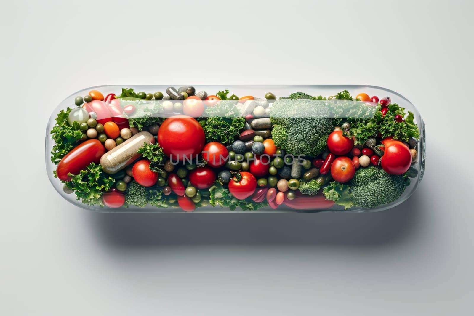 Dietary supplements in the form of a vitamin capsule with fruits and vegetables inside.