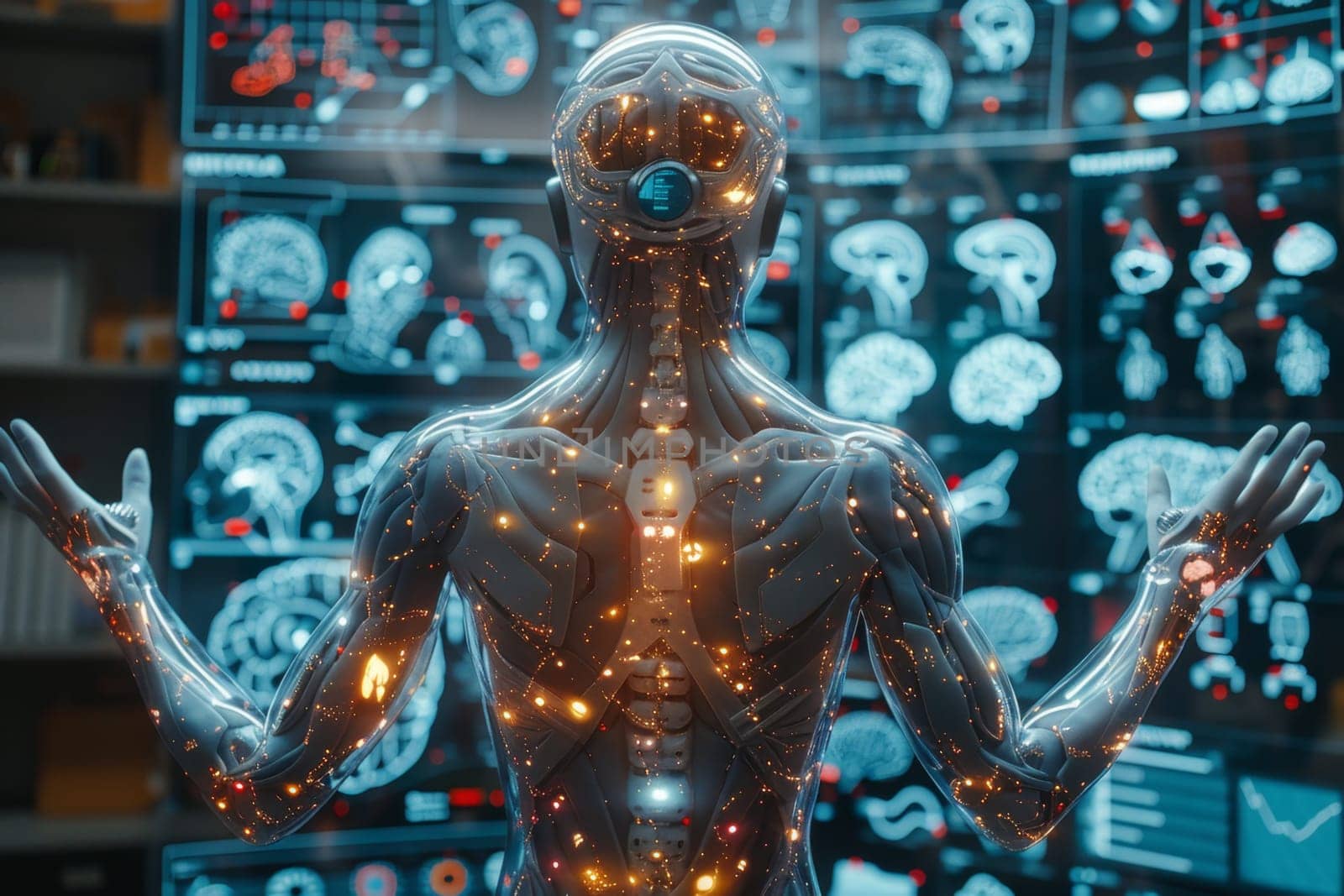 The skeletal structure of the Human body stands in front of a digital display, examining the contents on the screen by Lobachad