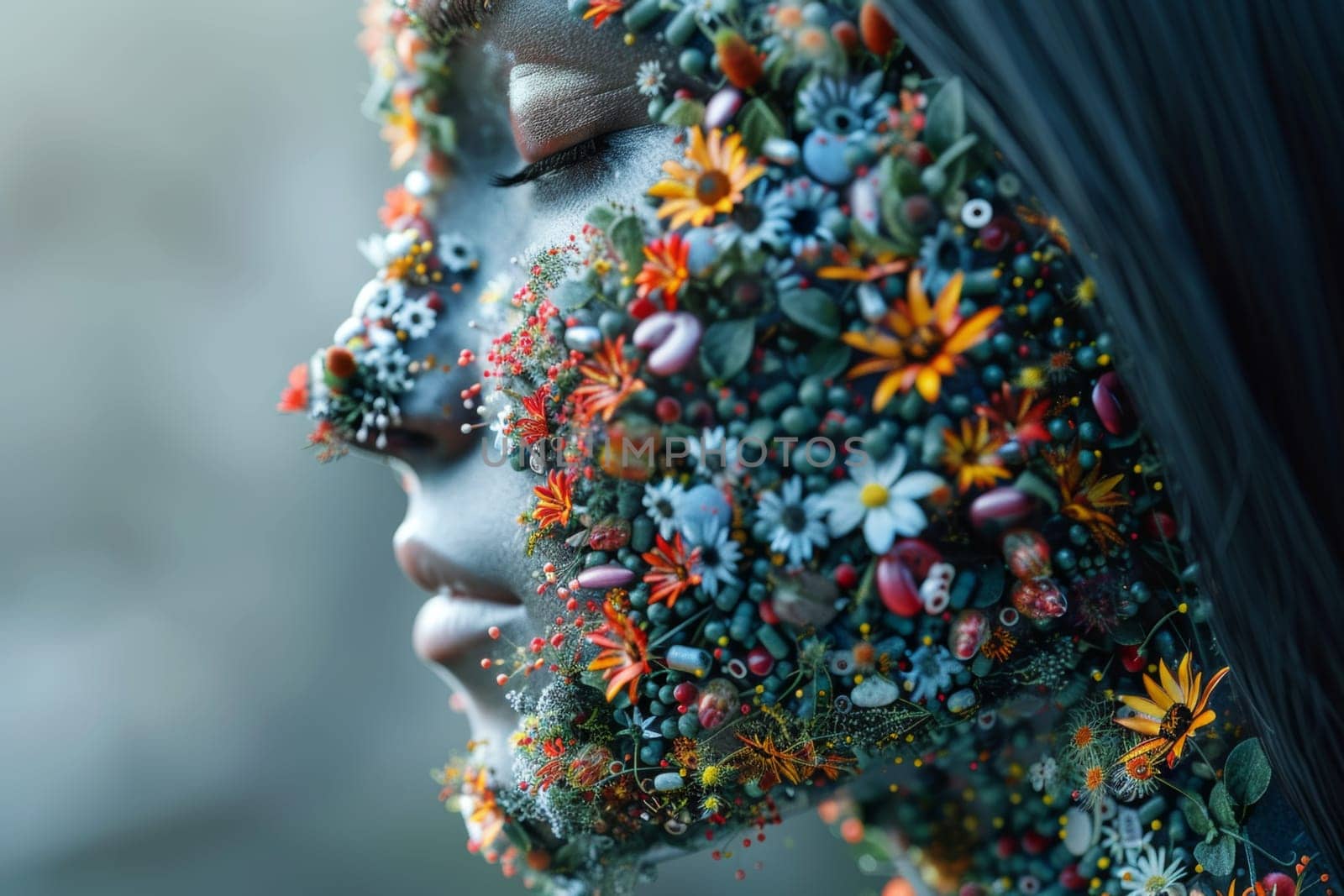 The woman's face is covered with various pills and capsules symbolizing medicines and health care.