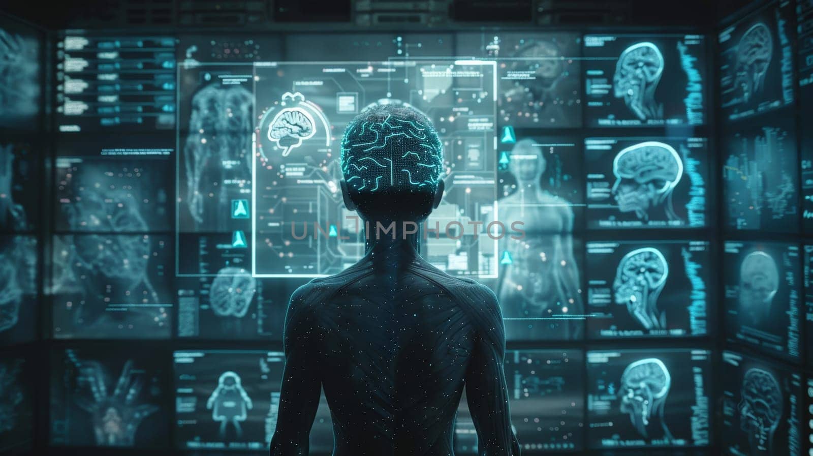 the structure of the human body standing in front of a digital display, studying the content on the screen.