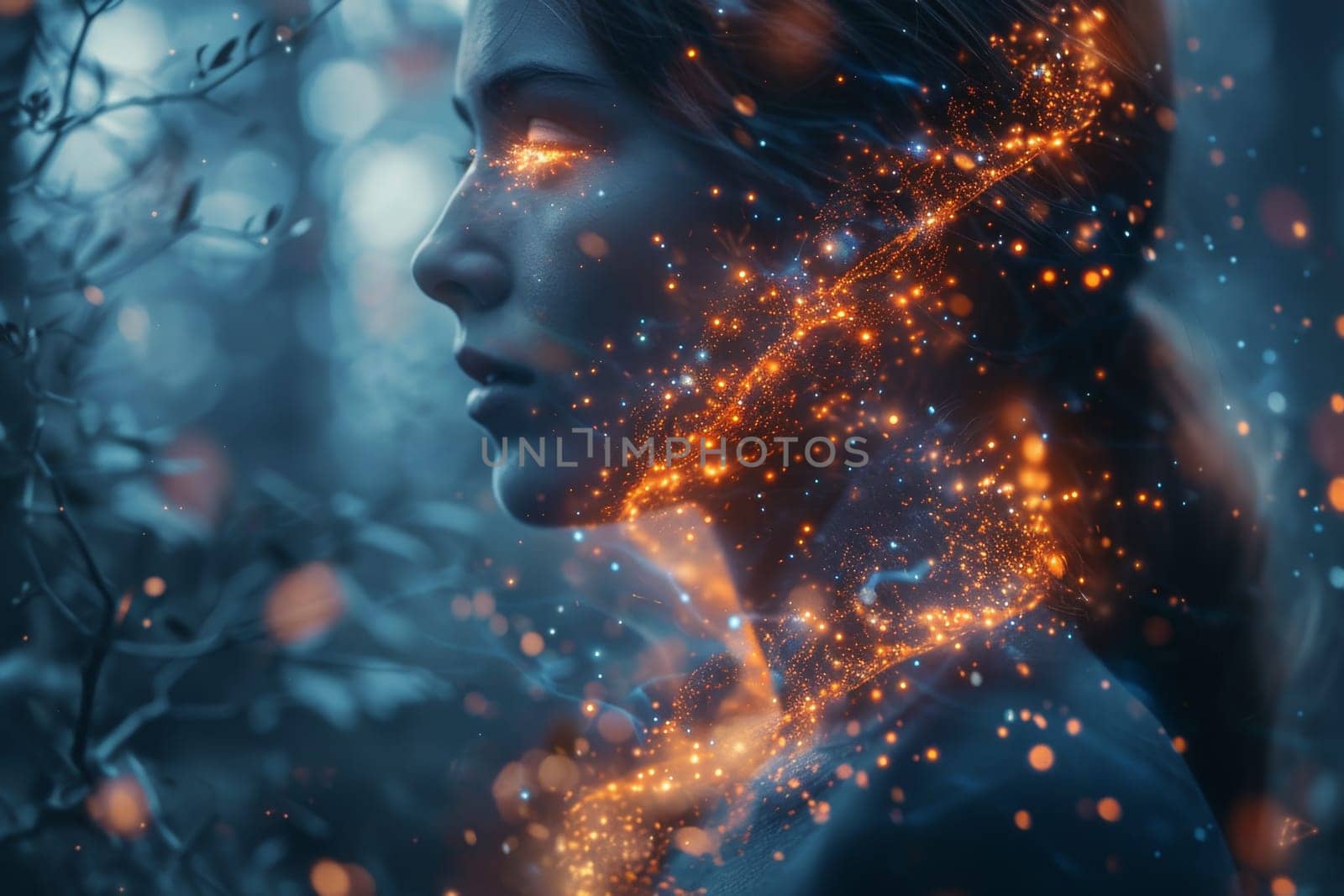 Close-up of the girl's face and the neural network. Women's Mental Health and Meditation.