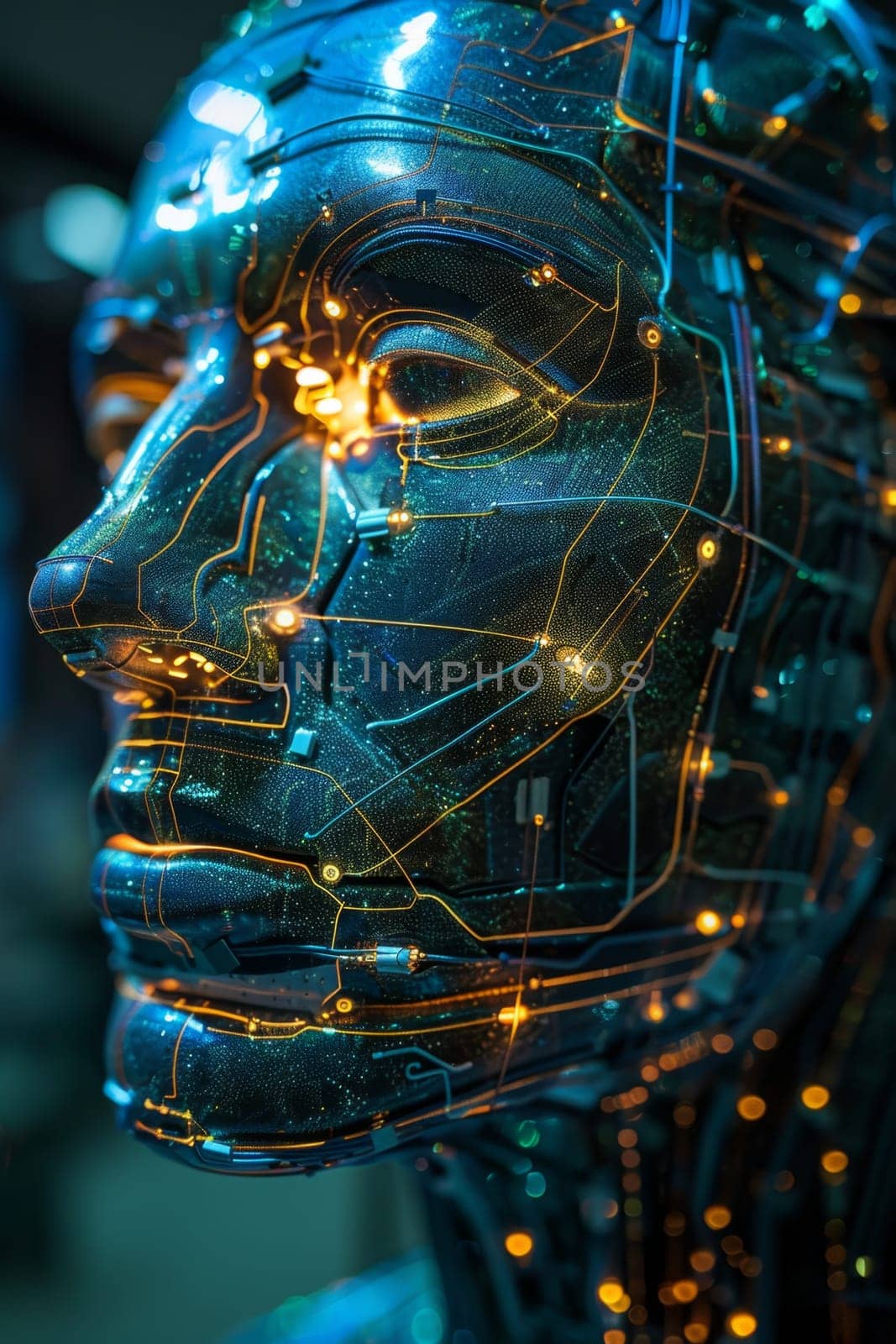 Close-up of the girl's face and the neural network. Women's Mental Health and Meditation by Lobachad