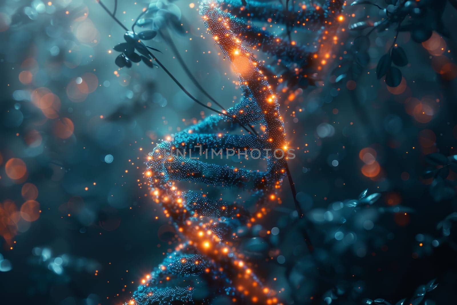 A DNA spiral on an abstract dark background. Biohacking. 3d illustration.