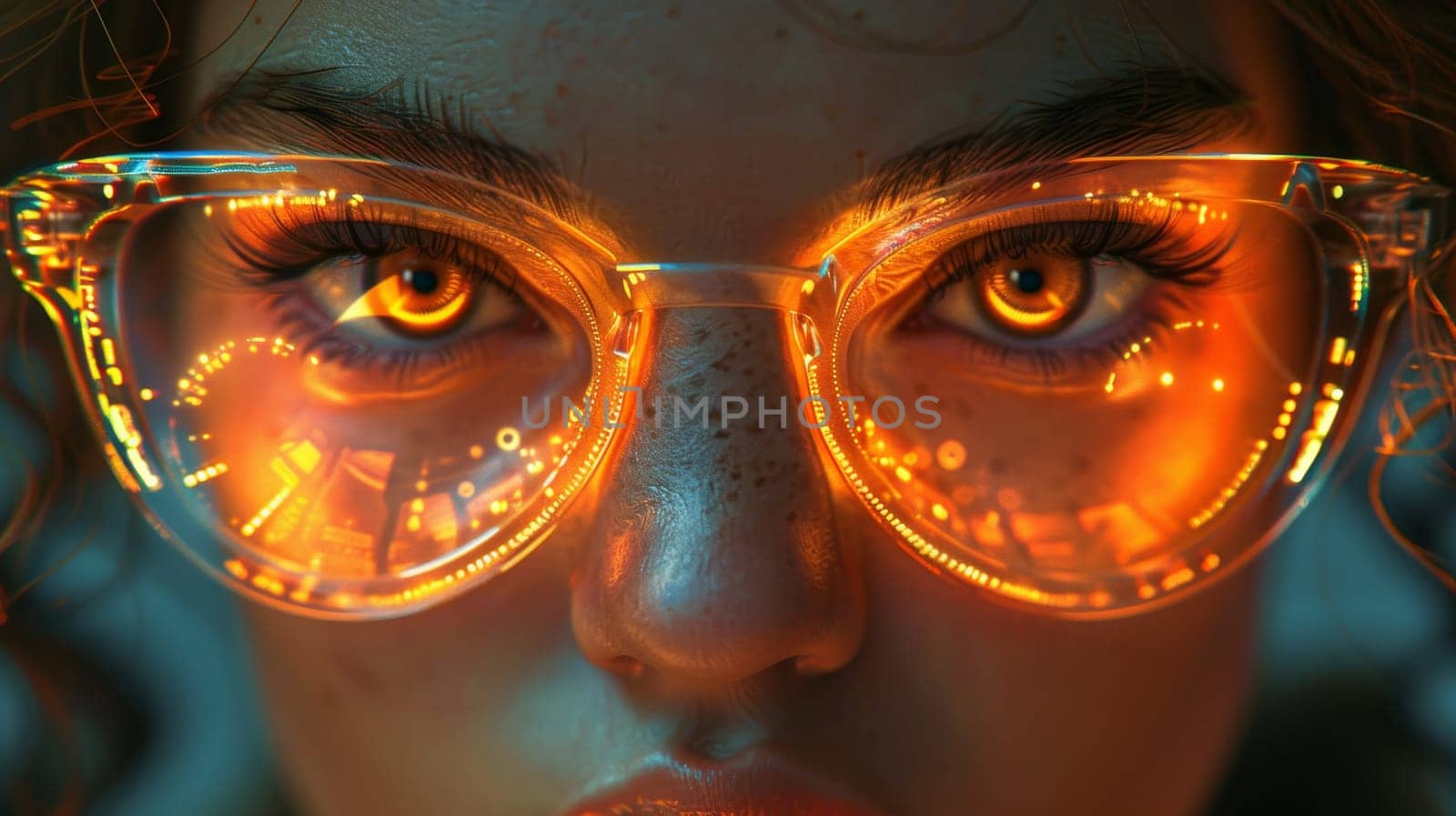 Close-up of a woman's face in women's glasses for work . Eye protection from blue light and rays by Lobachad