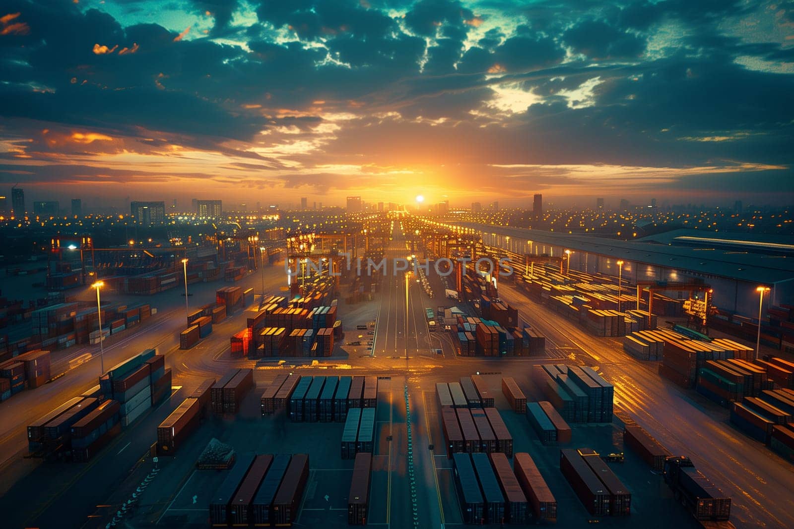 Aerial view of a busy container yard with stacks of colorful containers at sunset, with trucks moving around for logistics operations.