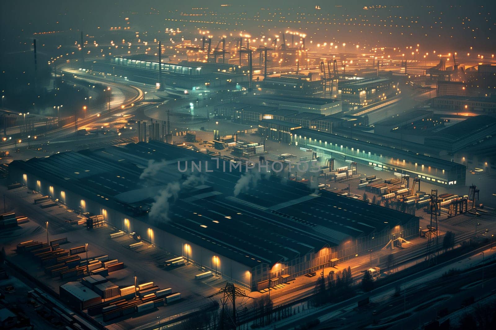 Aerial perspective of a factory illuminated at night, showcasing the industrial structures and machinery in operation.