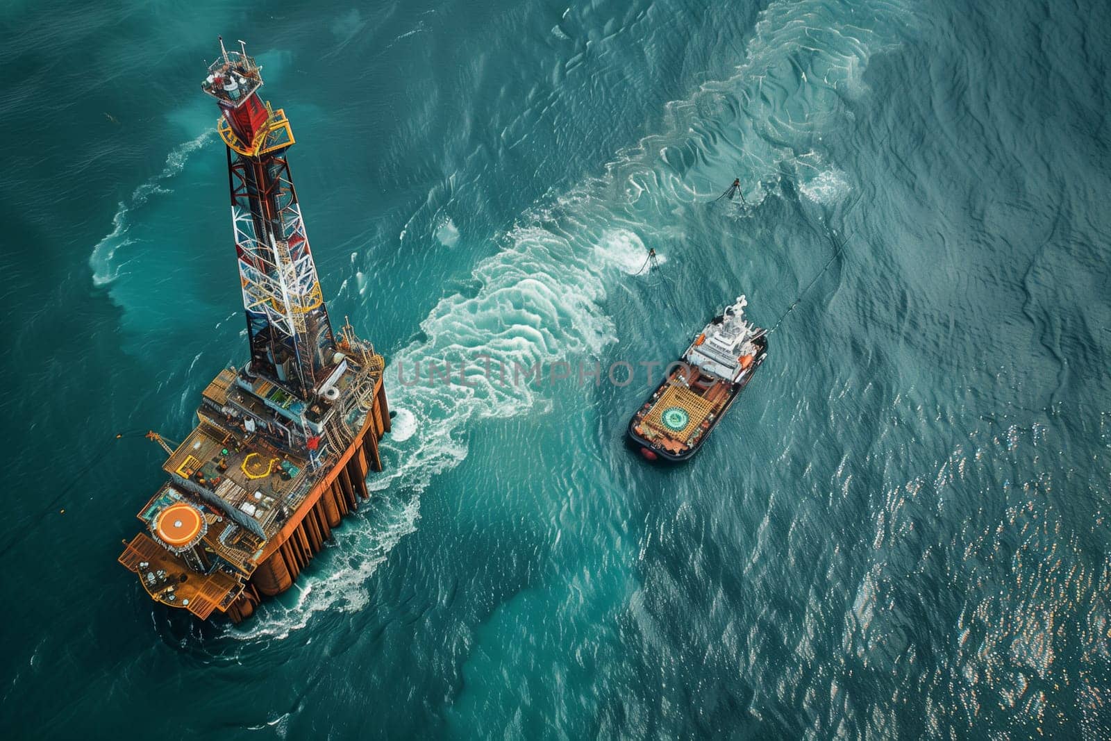 An offshore oil rig is stationed in open sea, while a tugboat maneuvers nearby, creating ripples in the water.