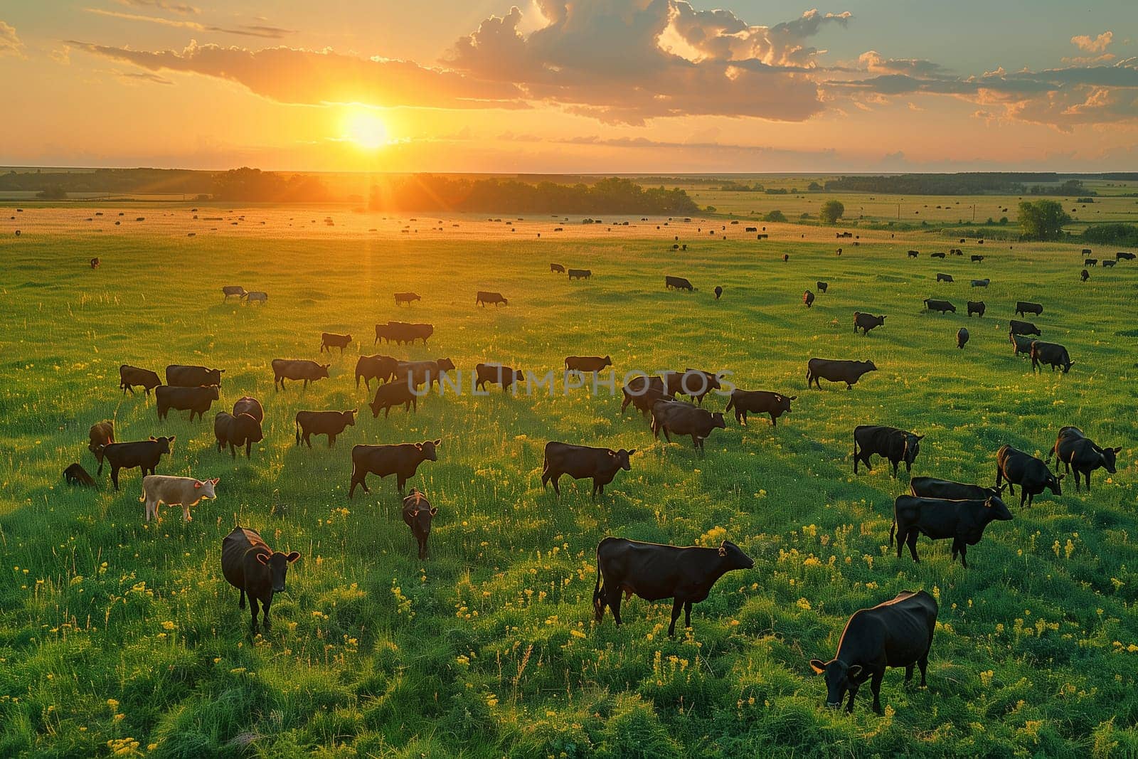 Numerous cattle grazing on a vibrant green field.