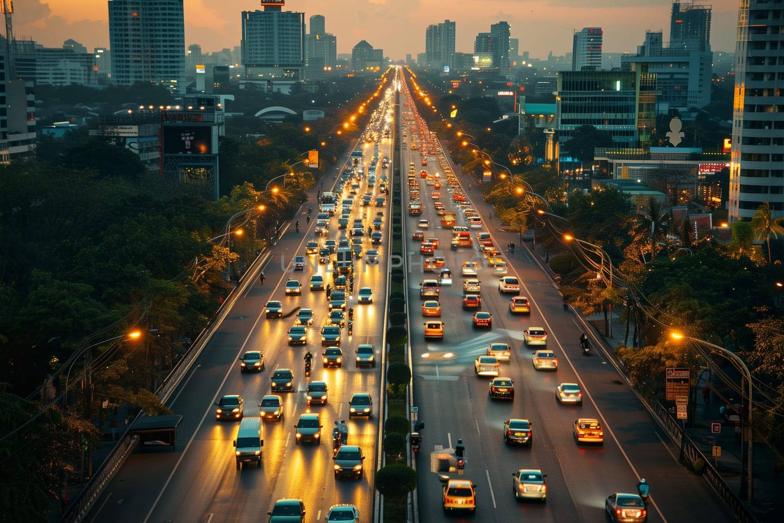 A highway filled with lots of traffic surrounded by tall buildings in an urban area, showcasing the hustle and bustle of city life.