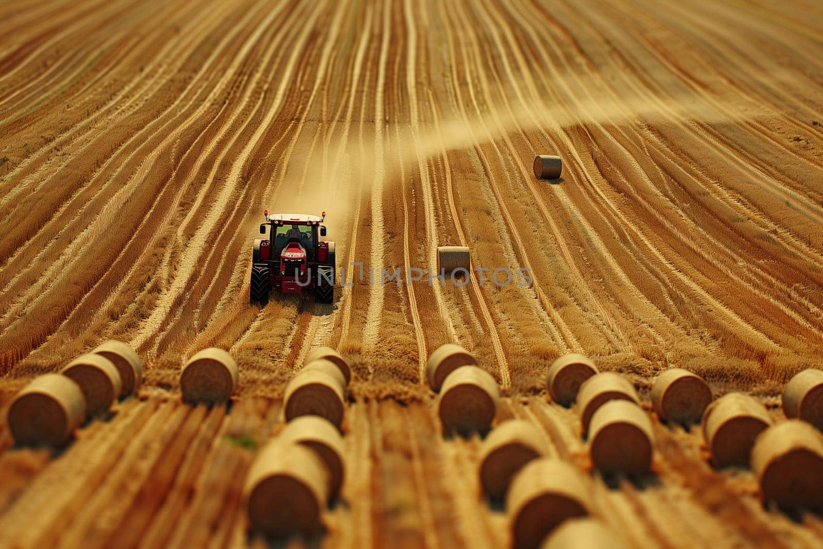 A tractor is driving through a field of hay, kicking up dust as it moves along the rows of harvested crops.