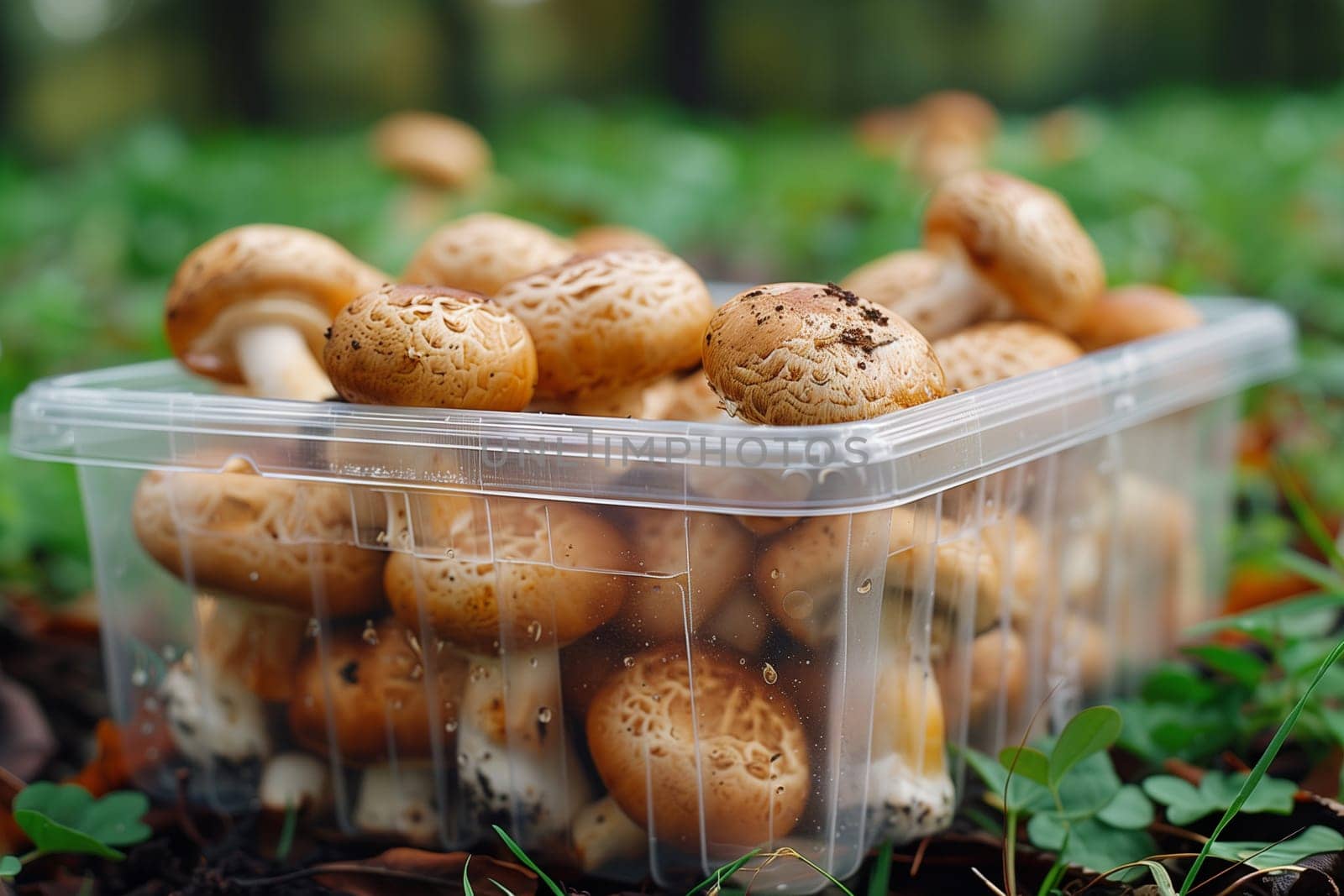 Plastic container filled with numerous mushrooms of various sizes and colors.