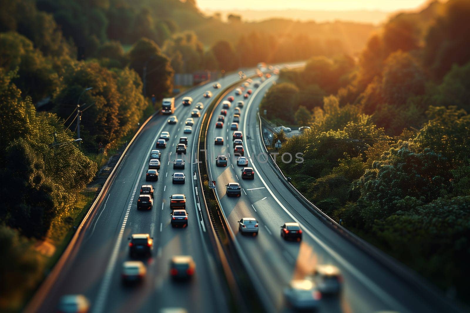A busy highway filled with cars surrounded by lush green trees creating a juxtaposition of urban and natural elements.