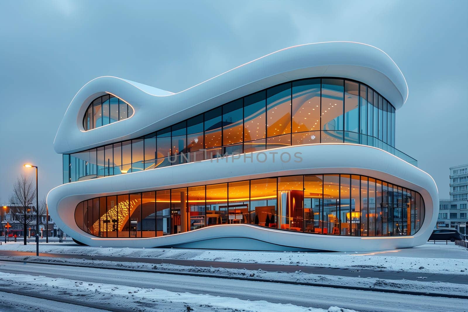 A building with a distinctive curved roof and numerous windows, creating a unique architectural design.