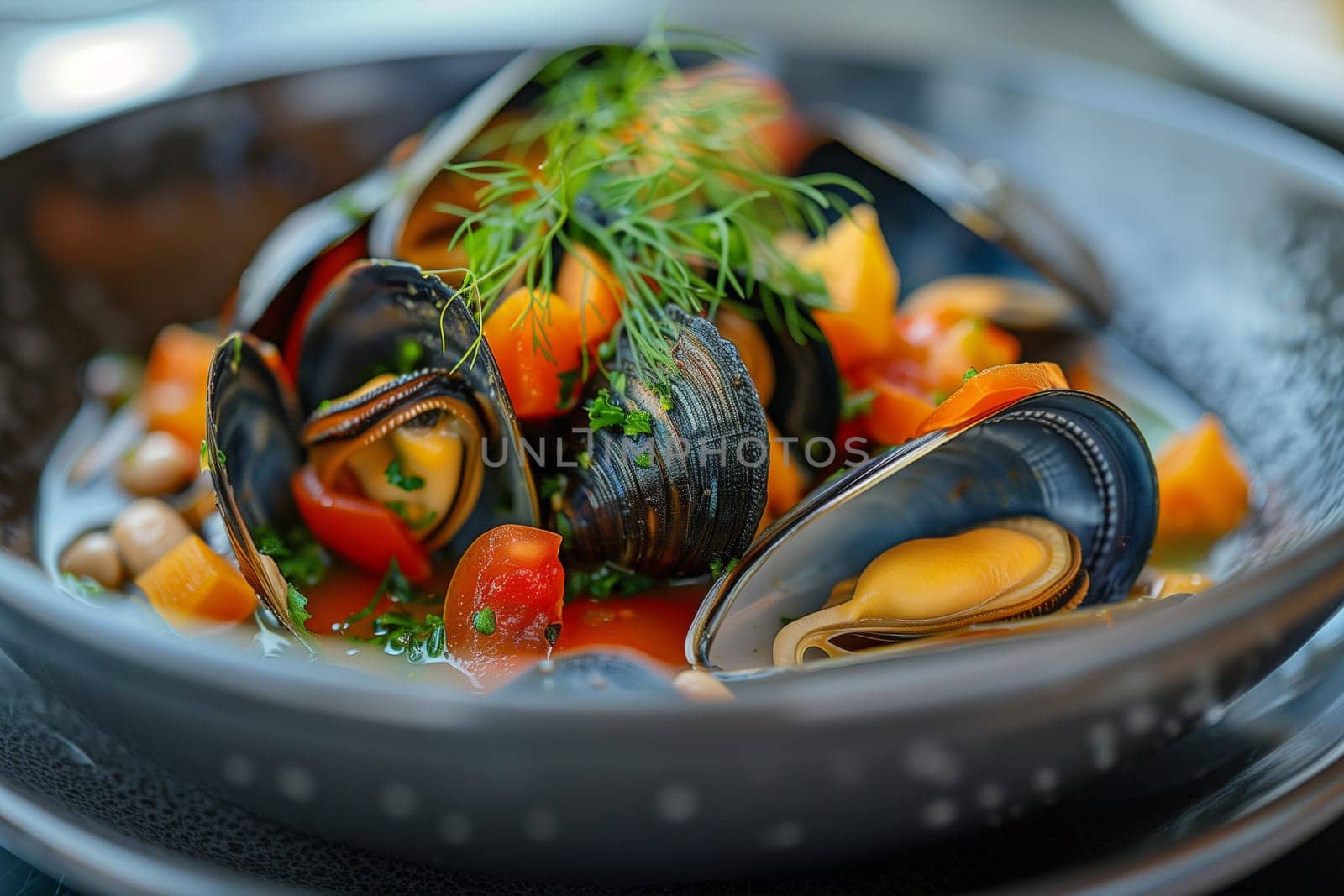 A close-up view of a plate filled with steamed mussels, garnished with herbs, and served in a white dish.