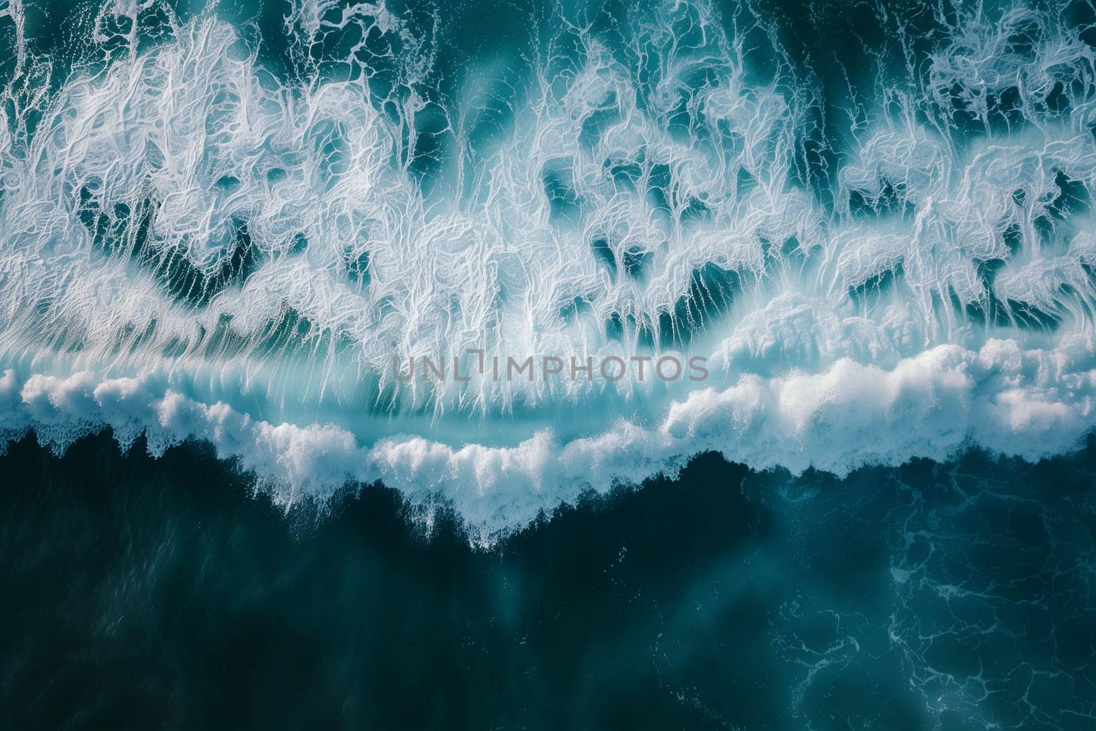 The aerial perspective shows the vast expanse of the ocean with waves breaking and crashing onto the shore.