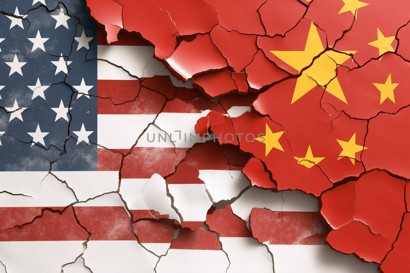 The American and China flags are visibly cracked apart, symbolizing a rift between the two nations.