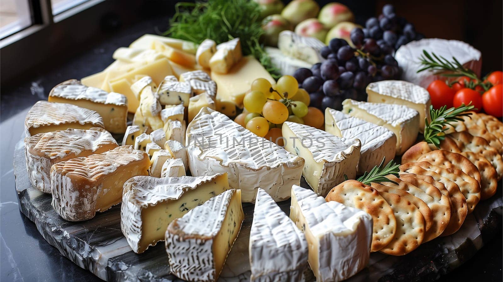 A varied selection of cheeses and fresh fruits arranged on a platter atop a wooden table.