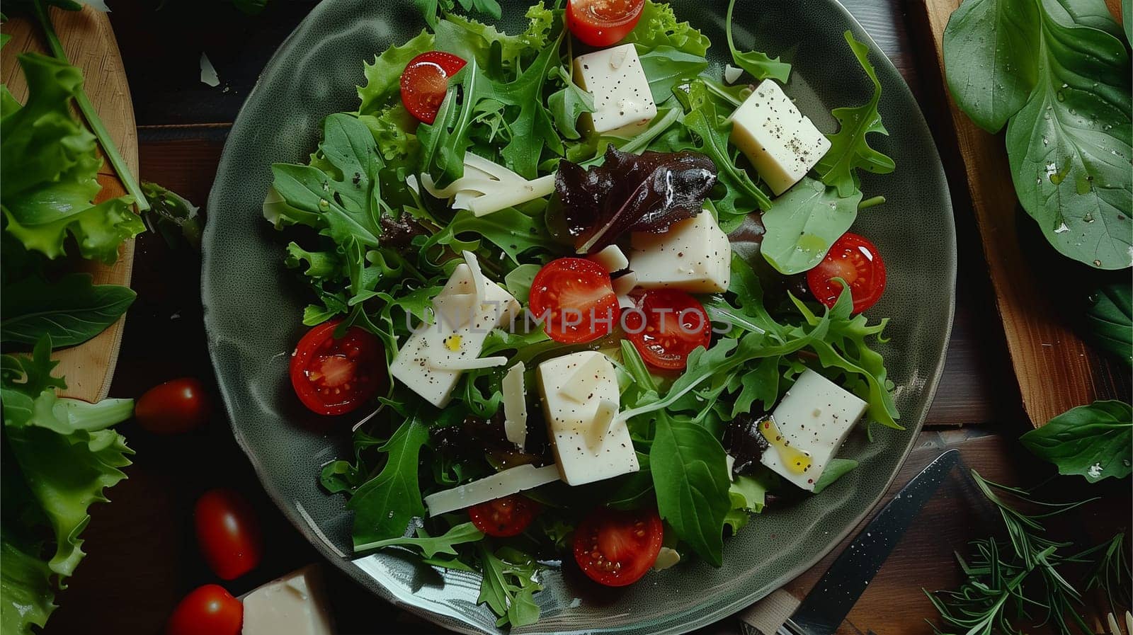 A plate filled with green salad, cherry tomatoes, and chunks of cheese.