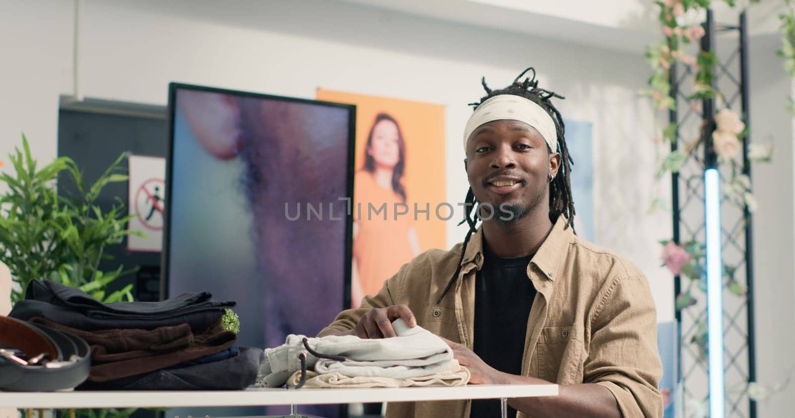 Portrait of smiling client buying stylish formal clothes on hanger in empty fancy fashion boutique. Cheerful BIPOC customer looking at exquisite designer clothing men collection in premium showroom