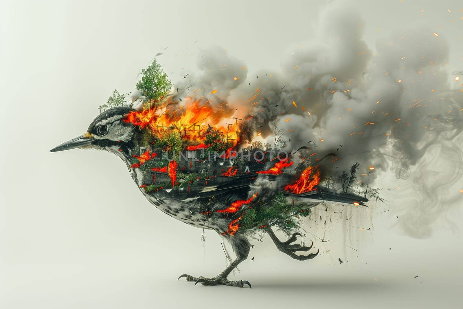 A woodpecker with fiery feathers burning brightly against a forest background symbolizes danger to animals and the environment.