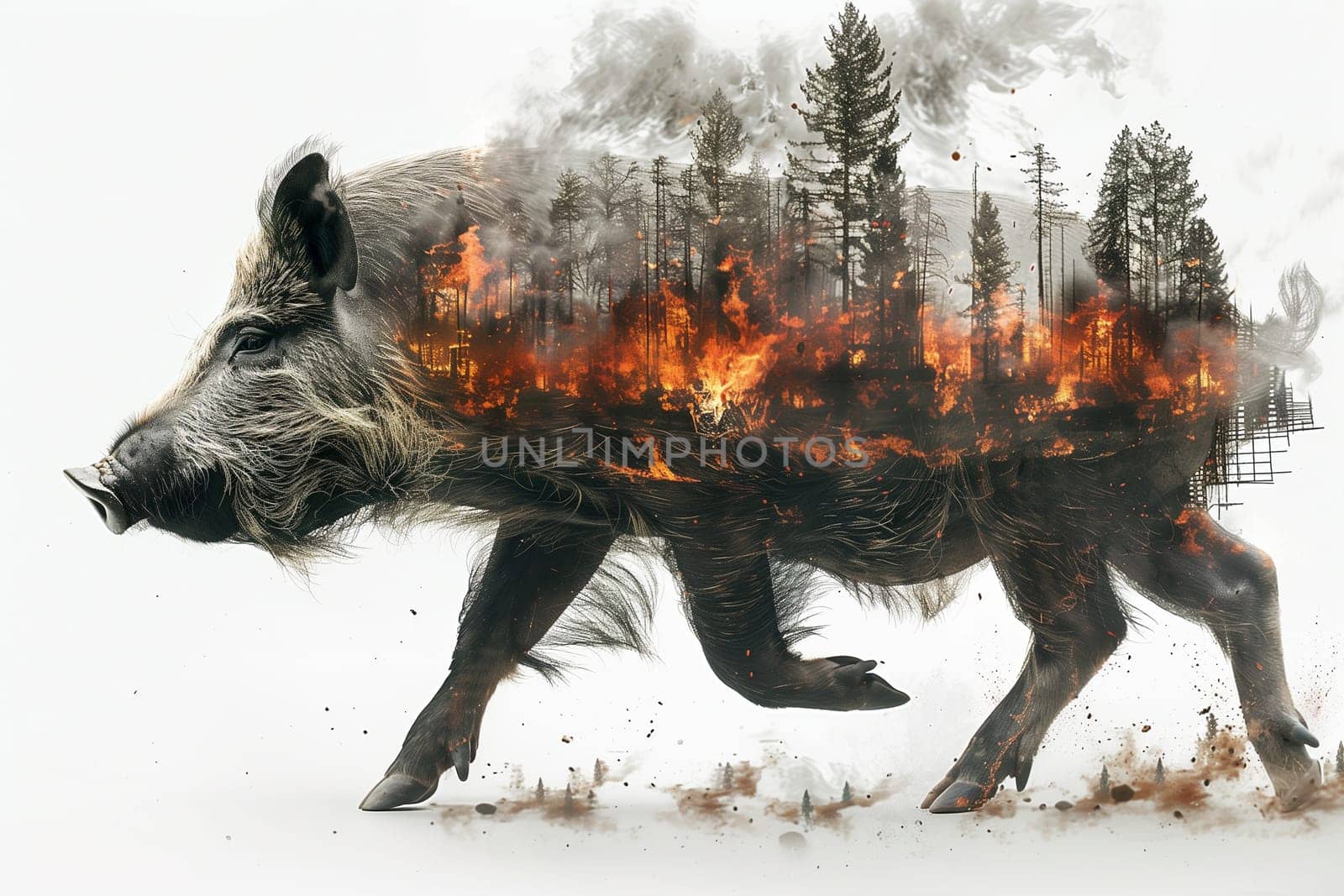 A wild boar walks, with forest fire imagery incorporated into its body, illustrating the devastating impact of wildfires on animal habitats.