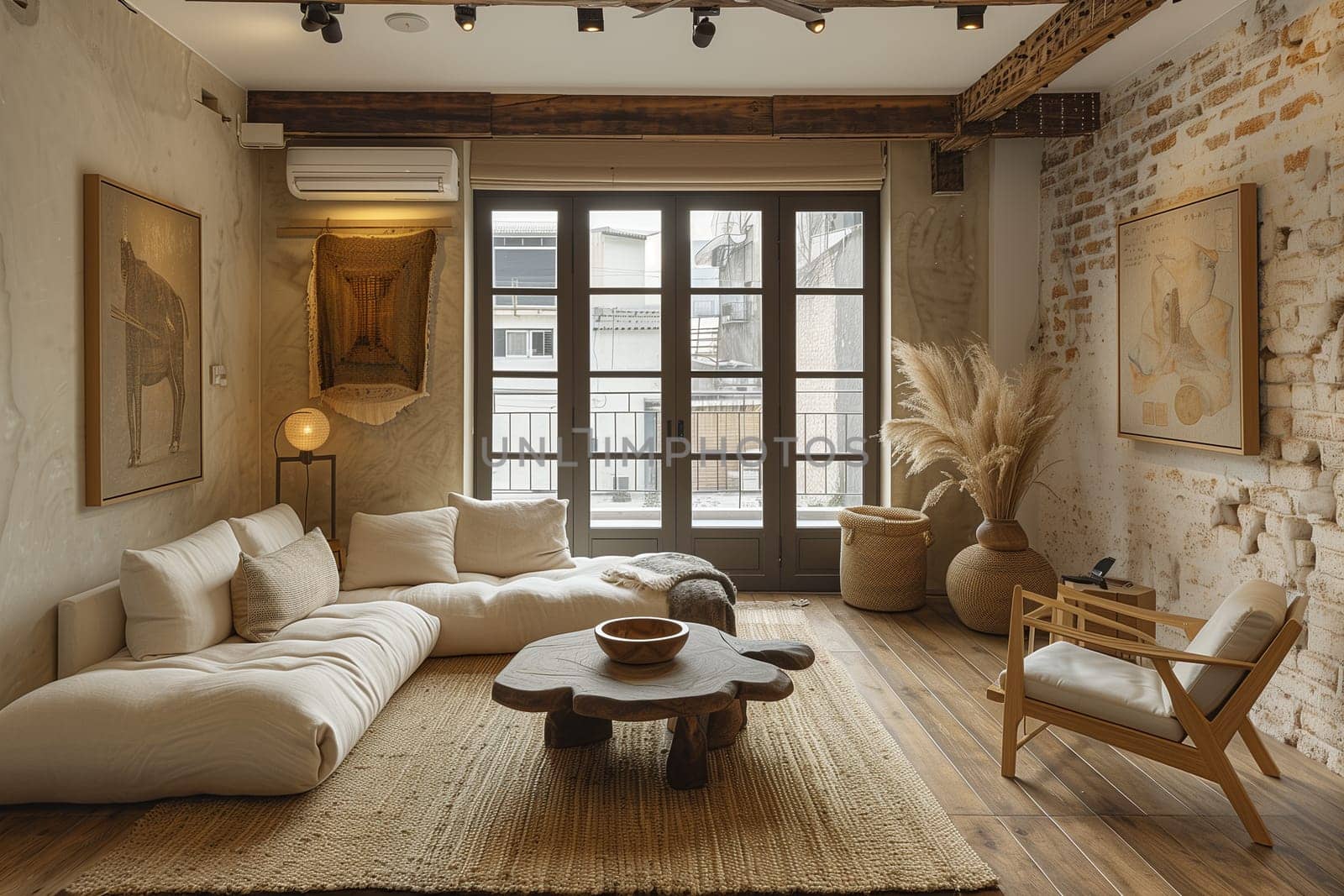 A fully furnished living room with various furniture pieces and a large window letting in natural light.