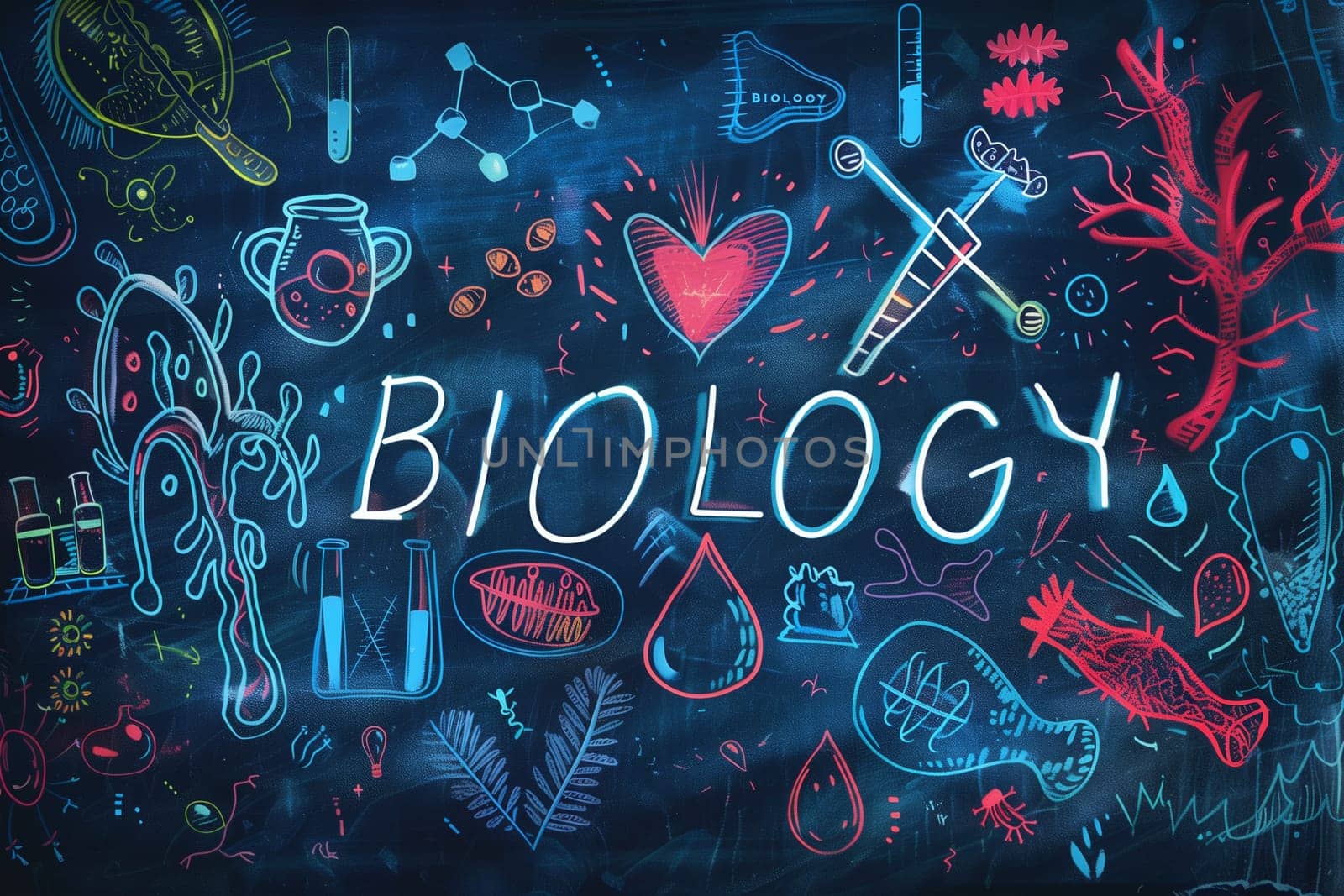 A chalkboard with the word biology written on it in white chalk, against a dark green background.