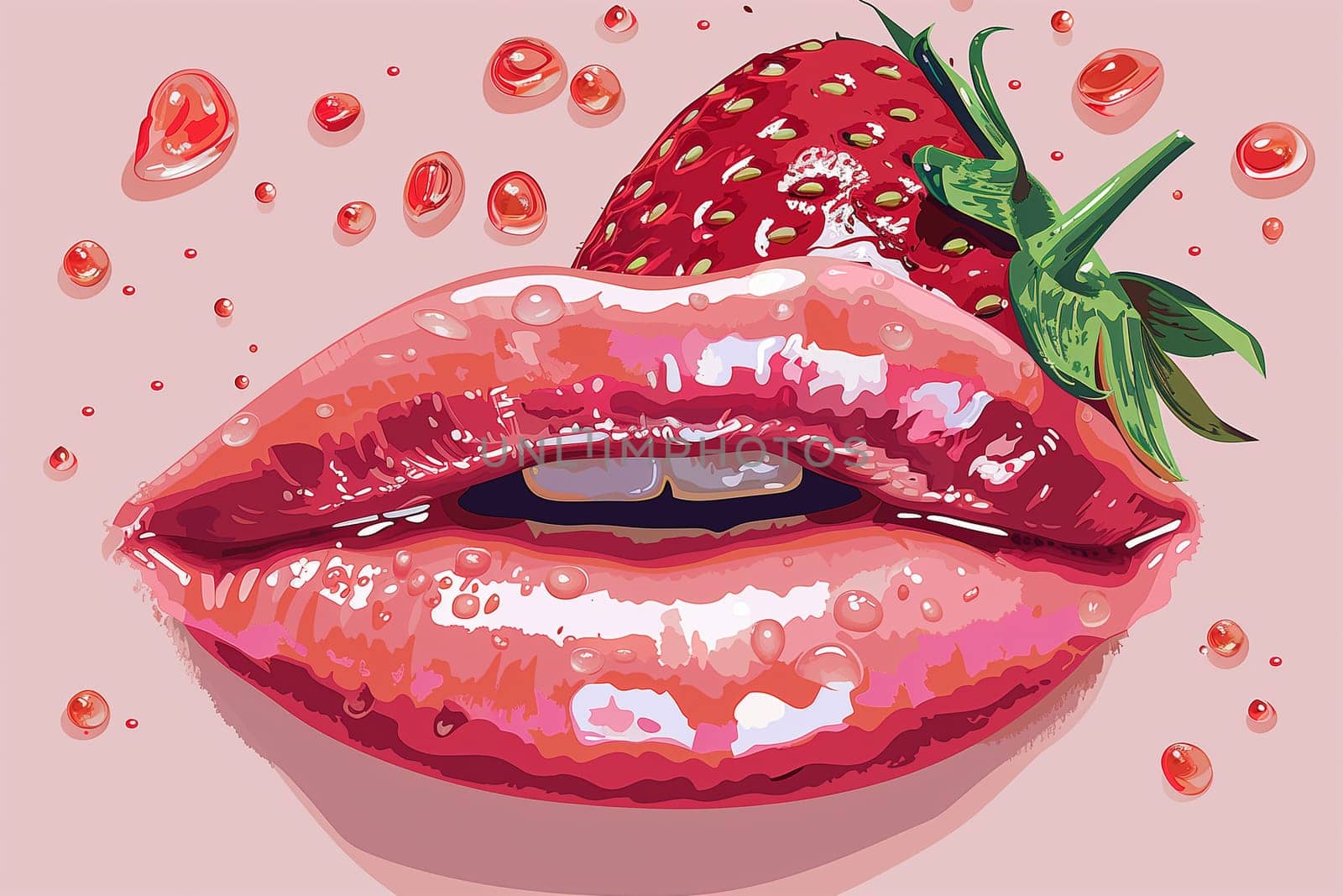 A painting featuring a vibrant red strawberry and a close-up of a womans dark pink lips.