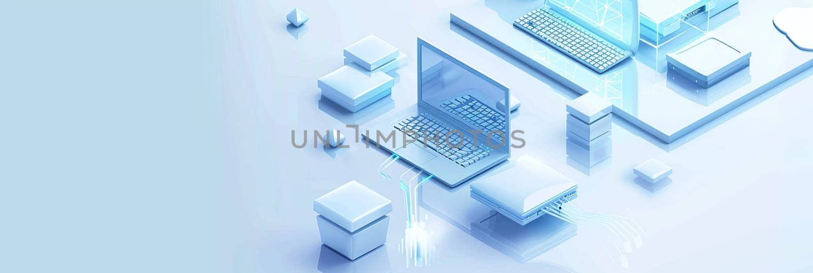 Isometric laptop icon on a blue and white abstract background. Ideal for computer service and tech repair concepts.