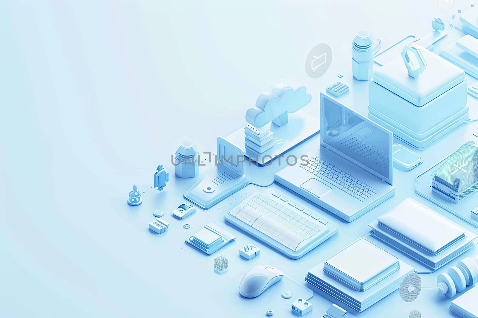 Isometric icon of computers, laptops, liaisons, and technology equipment in white and blue colors for computer service or tech repair banner.