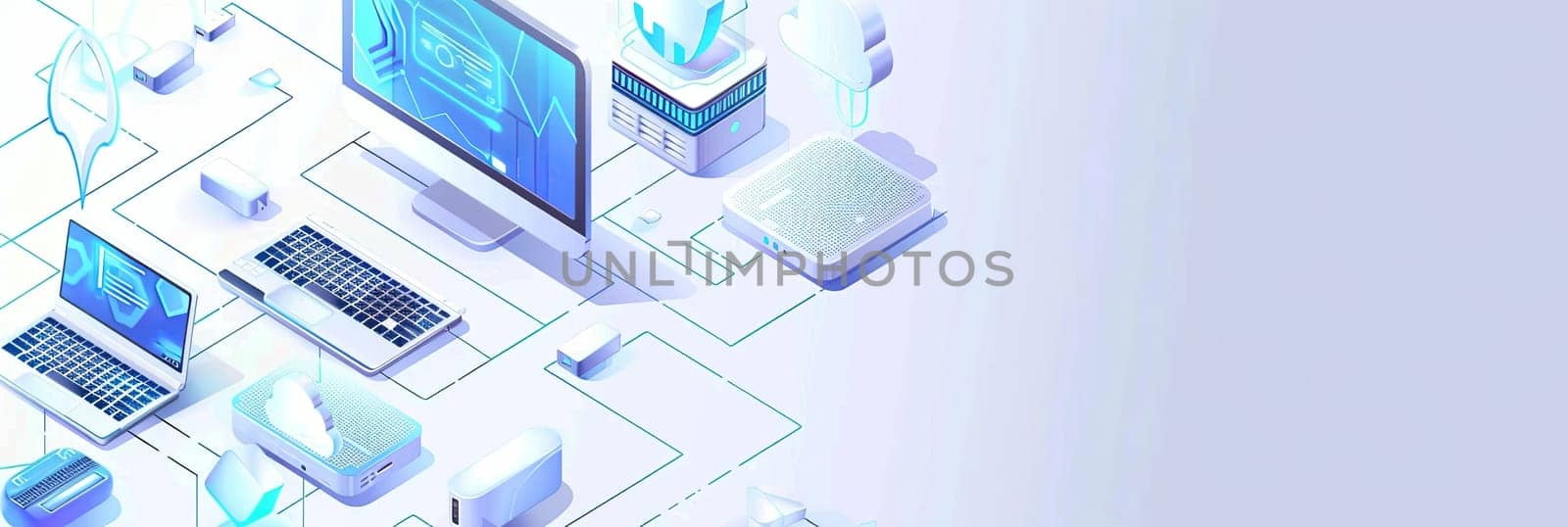 Isometric icon illustration featuring various computers, laptops, and tech equipment in blue and white colors.